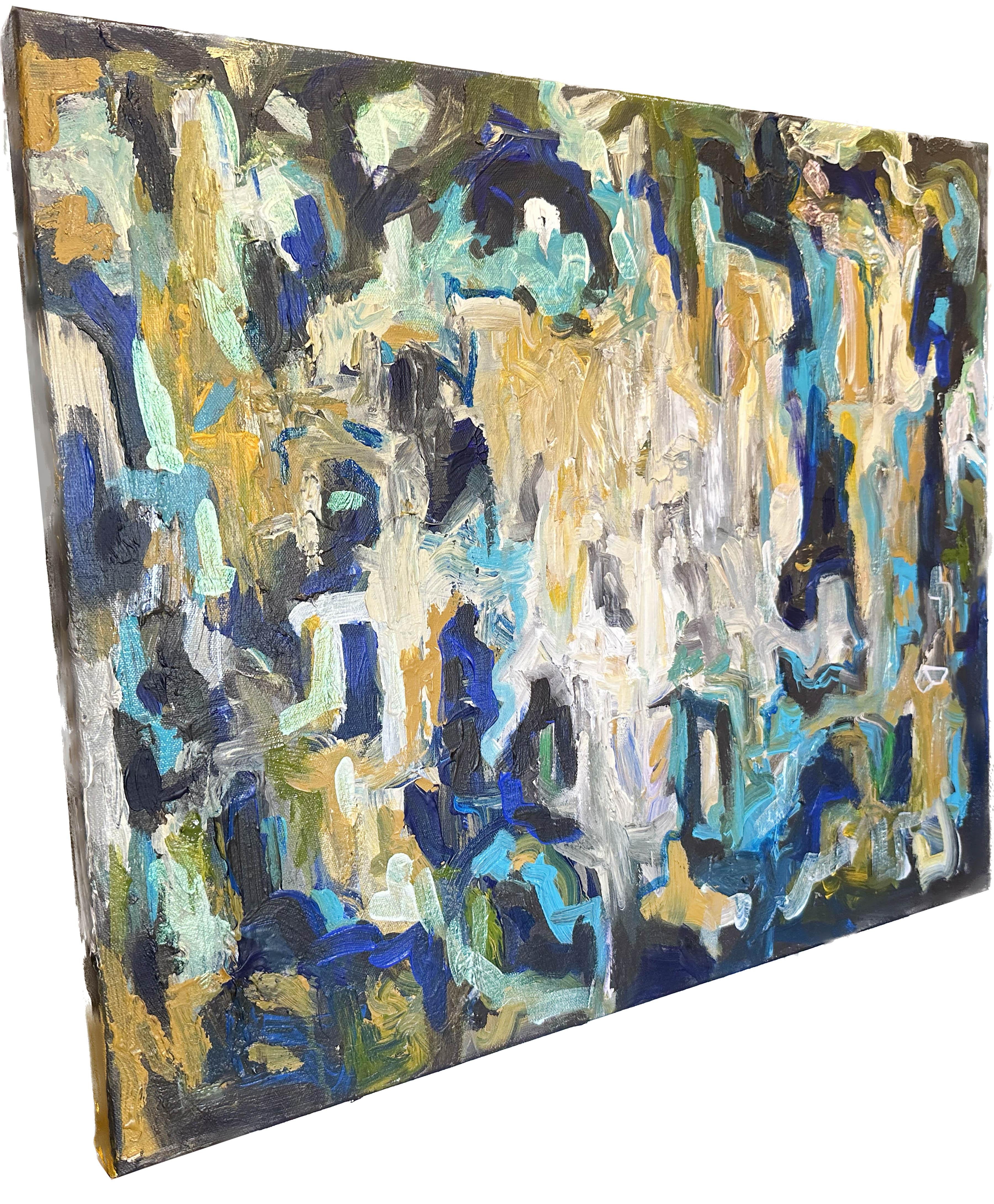 Ein hübsches, abstraktes Gemälde des amerikanischen Künstlers Jason Stallings. Acryl auf Leinwand. Interferenzfarben in Kombination mit einer Mischung aus normalen Acryltönen, einschließlich Grün-, Violett-, Braun- und Blautönen. Interferenzfarben