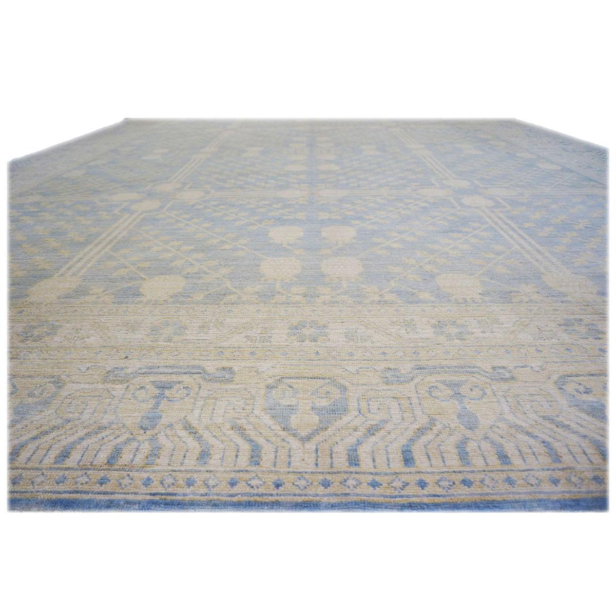 21st Century Afghan Khotan 11x14 Ivory and Light Blue Handmade Area Rug In Excellent Condition For Sale In Houston, TX