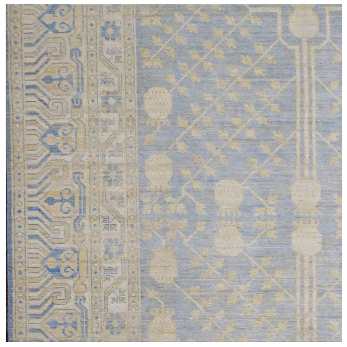 21st Century Afghan Khotan 11x14 Ivory and Light Blue Handmade Area Rug For Sale 2