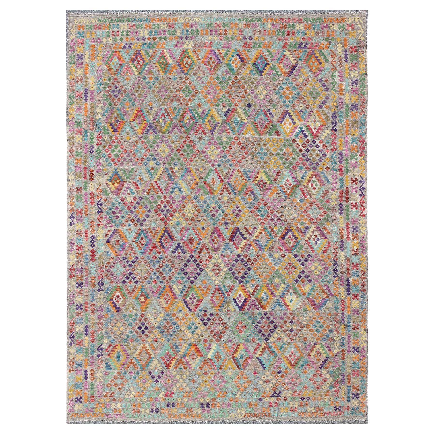 21st Century Afghan Large Modern Kilim Rug in Tribal Design with Multi Colors For Sale