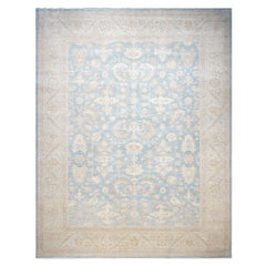 Tapis artisanal afghan Oushak du 21e siècle en laine ivoire et bleu clair 12 x 15 cm