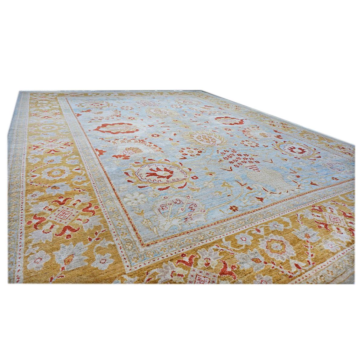 Hand-Woven 21st Century Afghan Oushak 9x12 Blue & Gold Handmade Area Rug For Sale