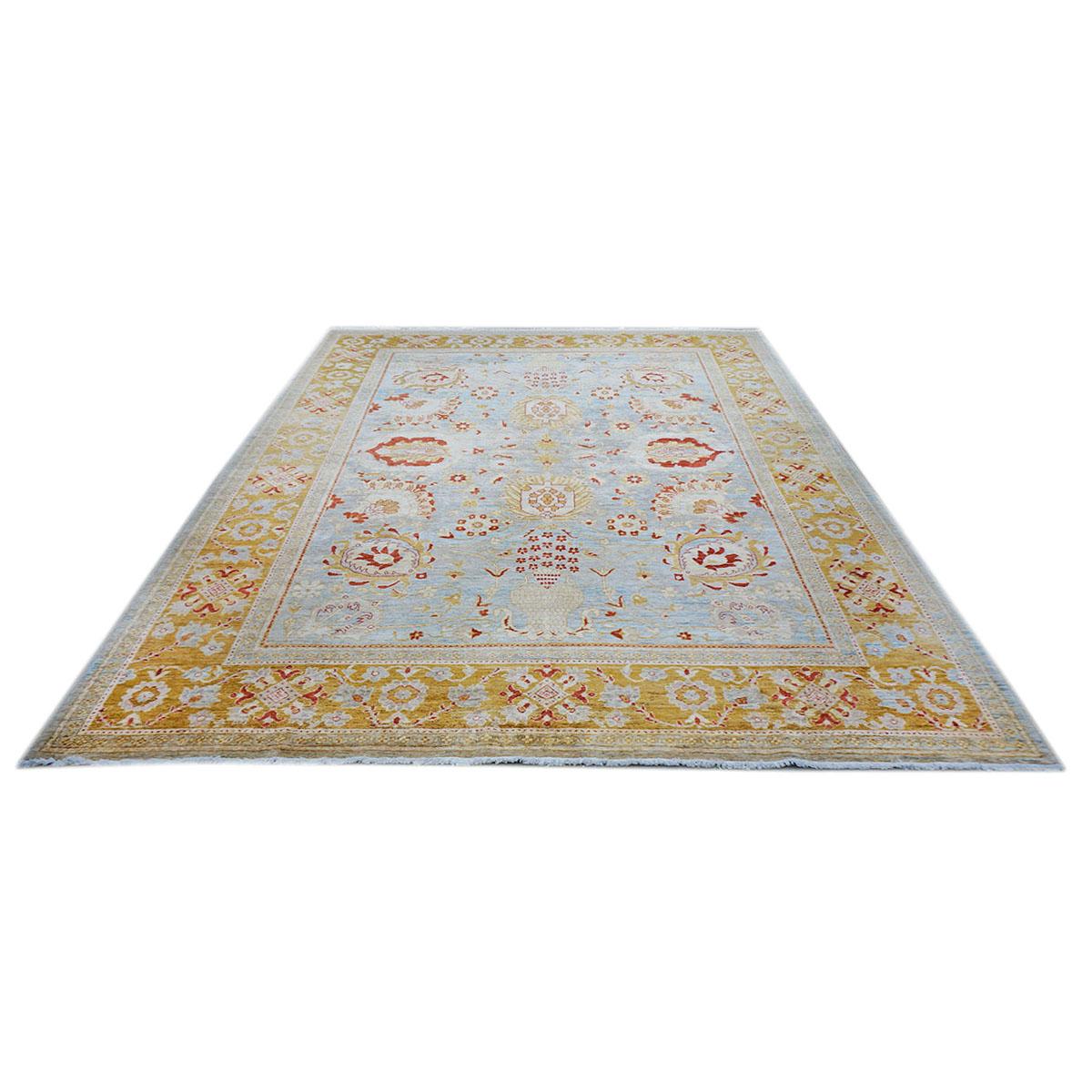 21st Century Afghan Oushak 9x12 Blue & Gold Handmade Area Rug In Excellent Condition For Sale In Houston, TX