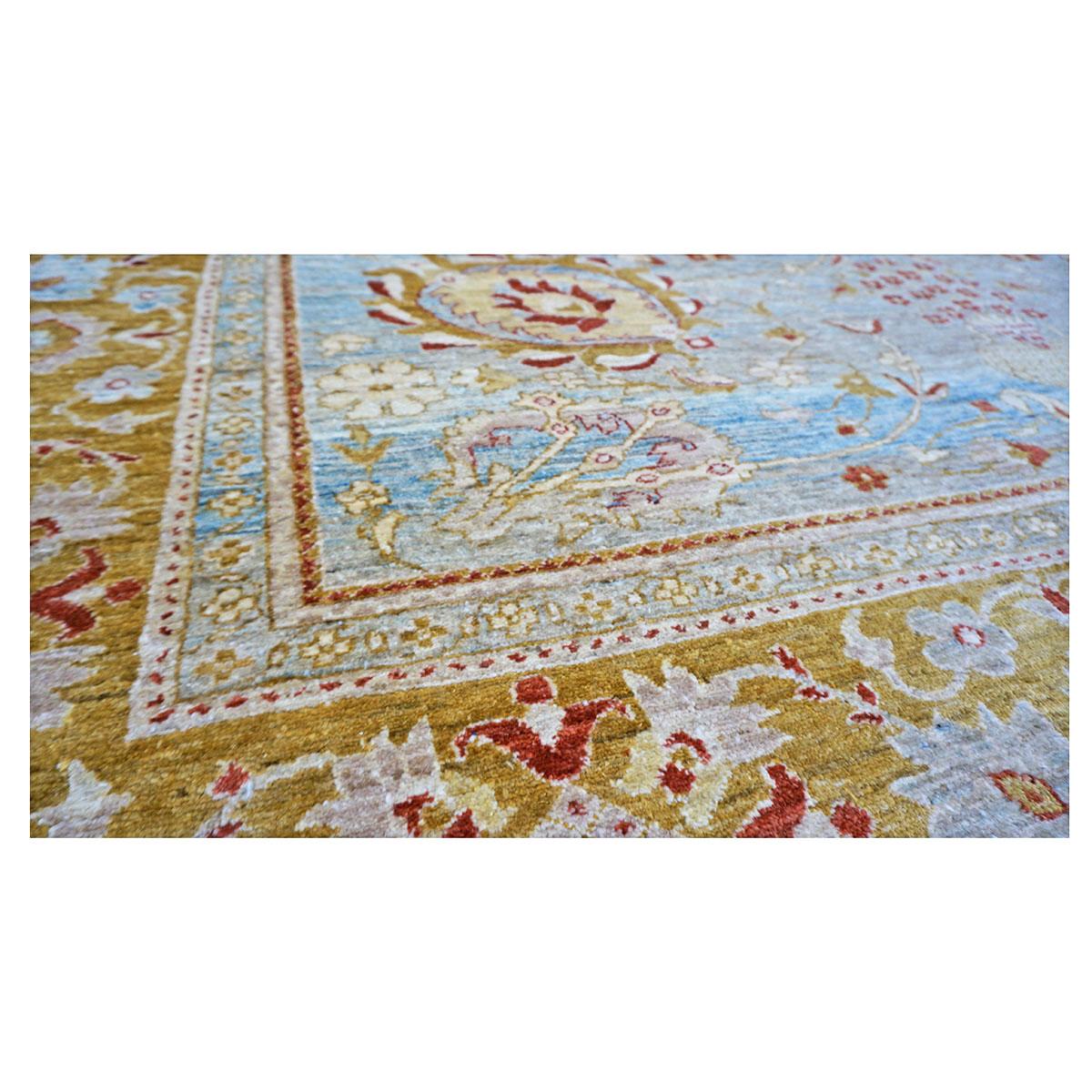 Contemporary 21st Century Afghan Oushak 9x12 Blue & Gold Handmade Area Rug For Sale