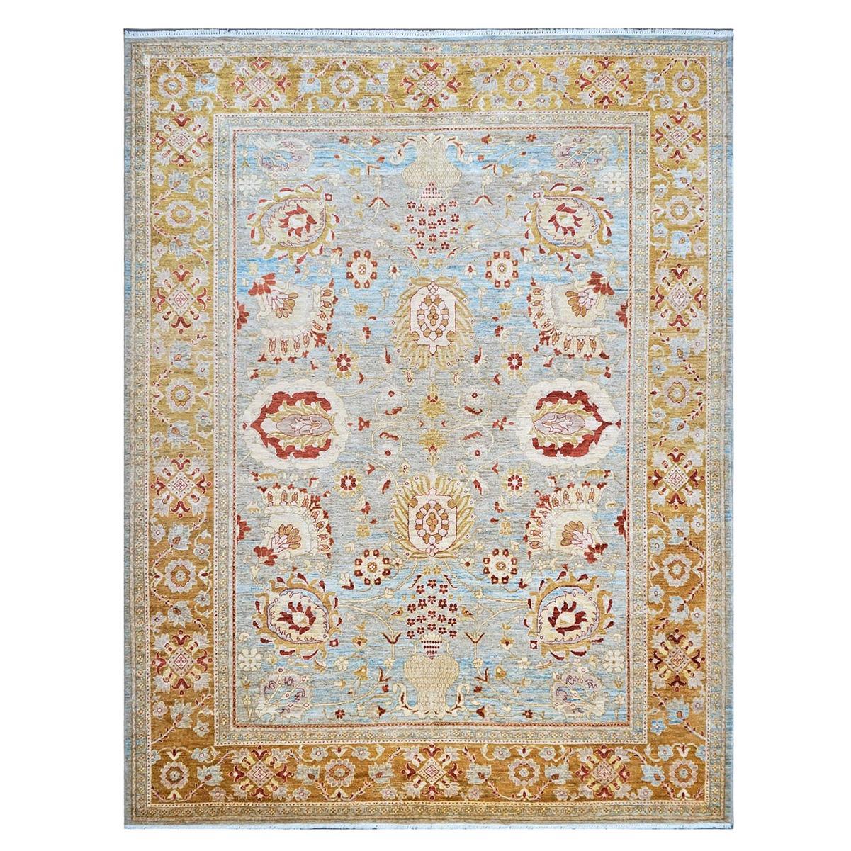 21st Century Afghan Oushak 9x12 Blue & Gold Handmade Area Rug