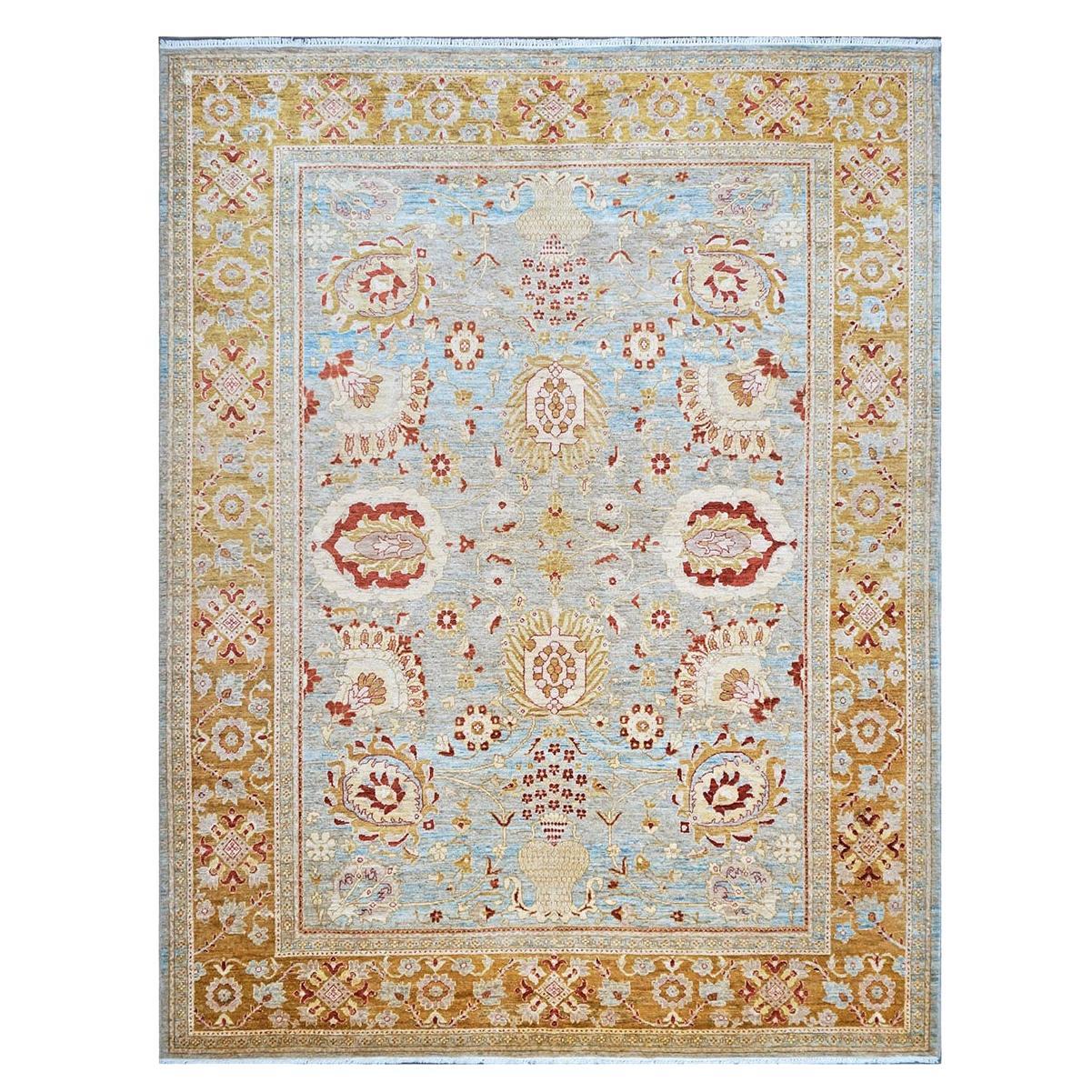 Tapis afghan Oushak 9x12 bleu et or du 21ème siècle fait à la main 