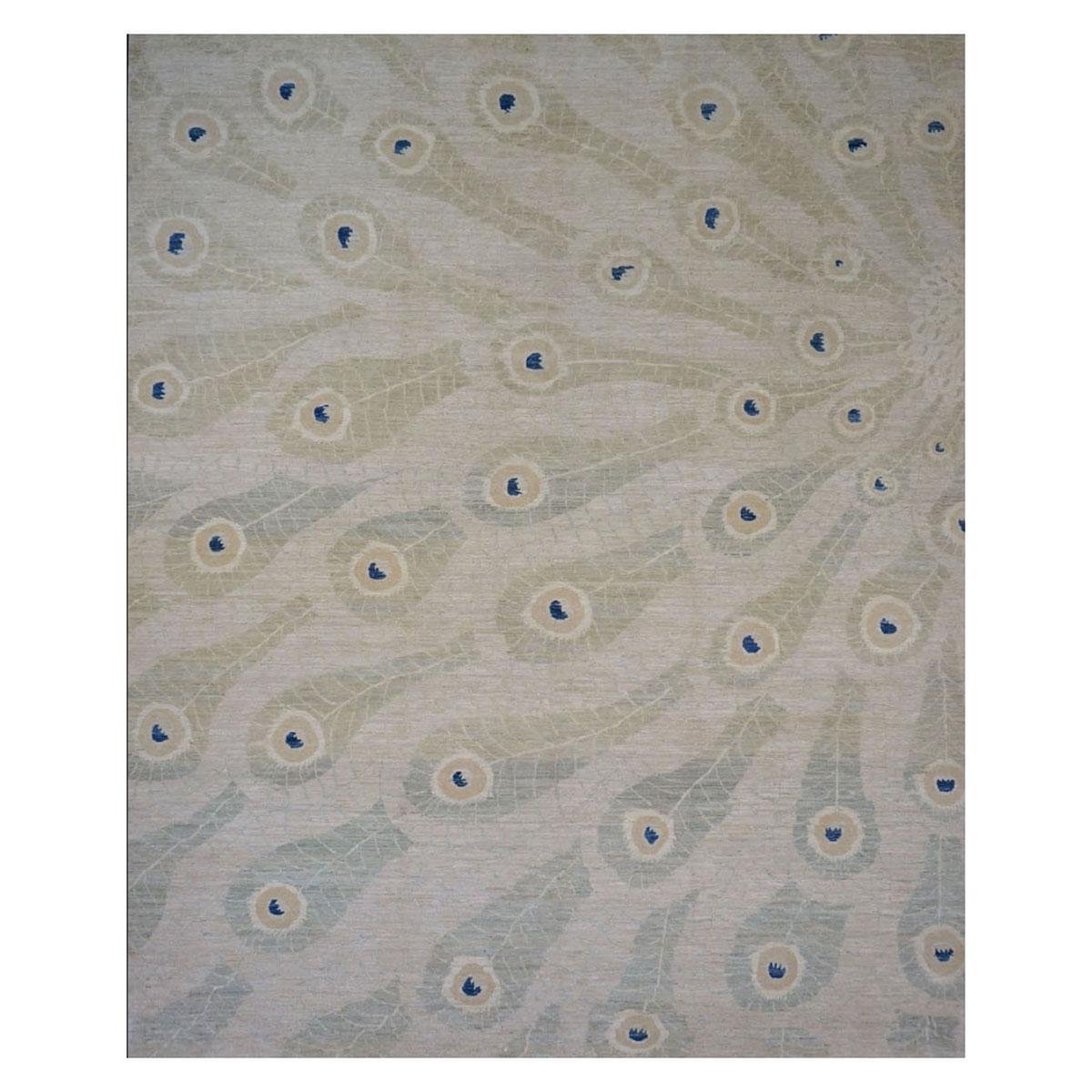 21st Century Afghan Peacock 9x12 Ivory and Green Handmade Area Rug For Sale