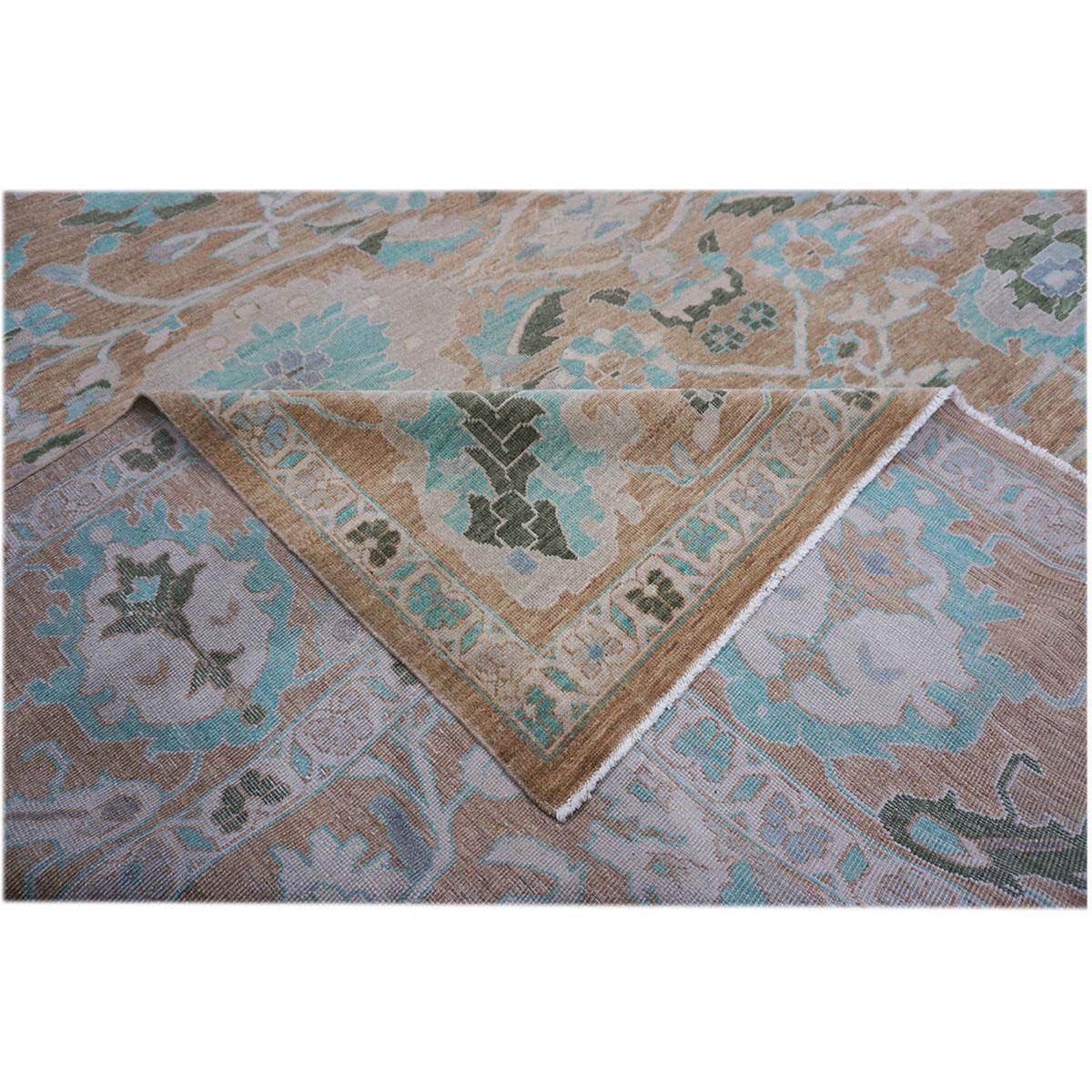 21st Century Sultanabad 12x15 Brown & Turquoise Handmade Area Rug For Sale 2