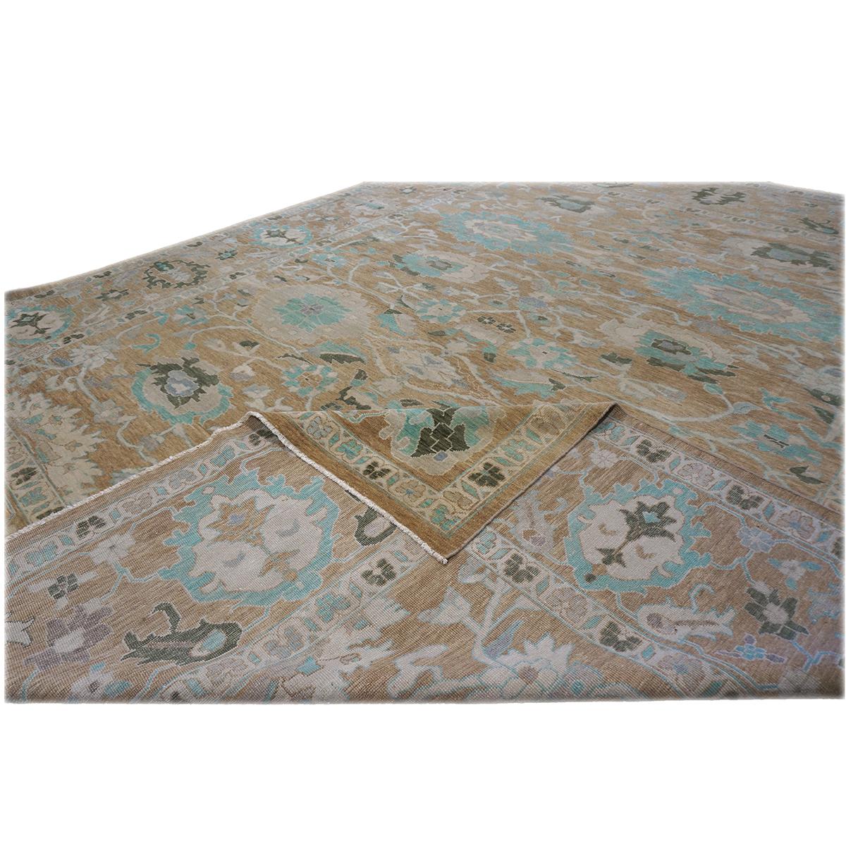 21st Century Sultanabad 12x15 Brown & Turquoise Handmade Area Rug For Sale 3