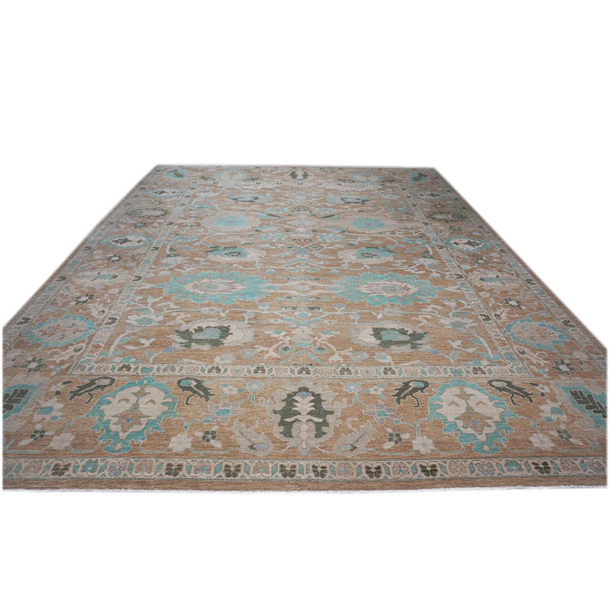 Hand-Woven 21st Century Sultanabad 12x15 Brown & Turquoise Handmade Area Rug For Sale