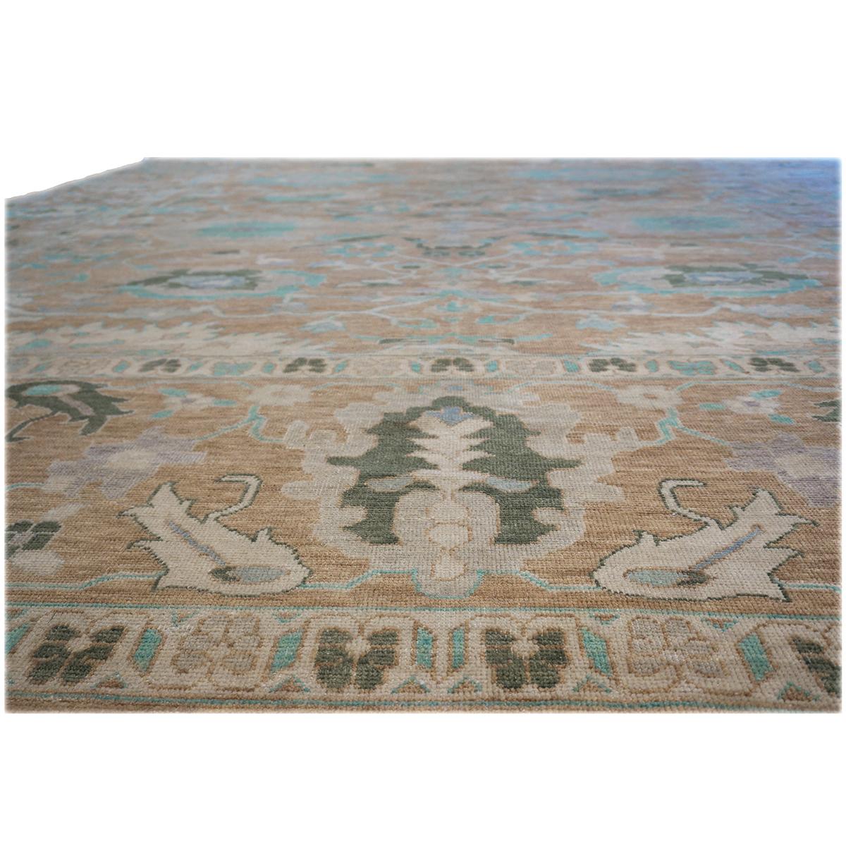 21st Century Sultanabad 12x15 Brown & Turquoise Handmade Area Rug In Excellent Condition For Sale In Houston, TX