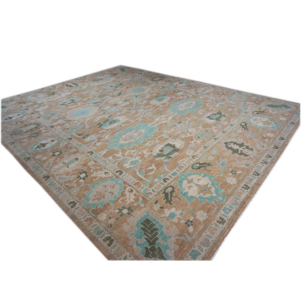 Contemporary 21st Century Sultanabad 12x15 Brown & Turquoise Handmade Area Rug For Sale
