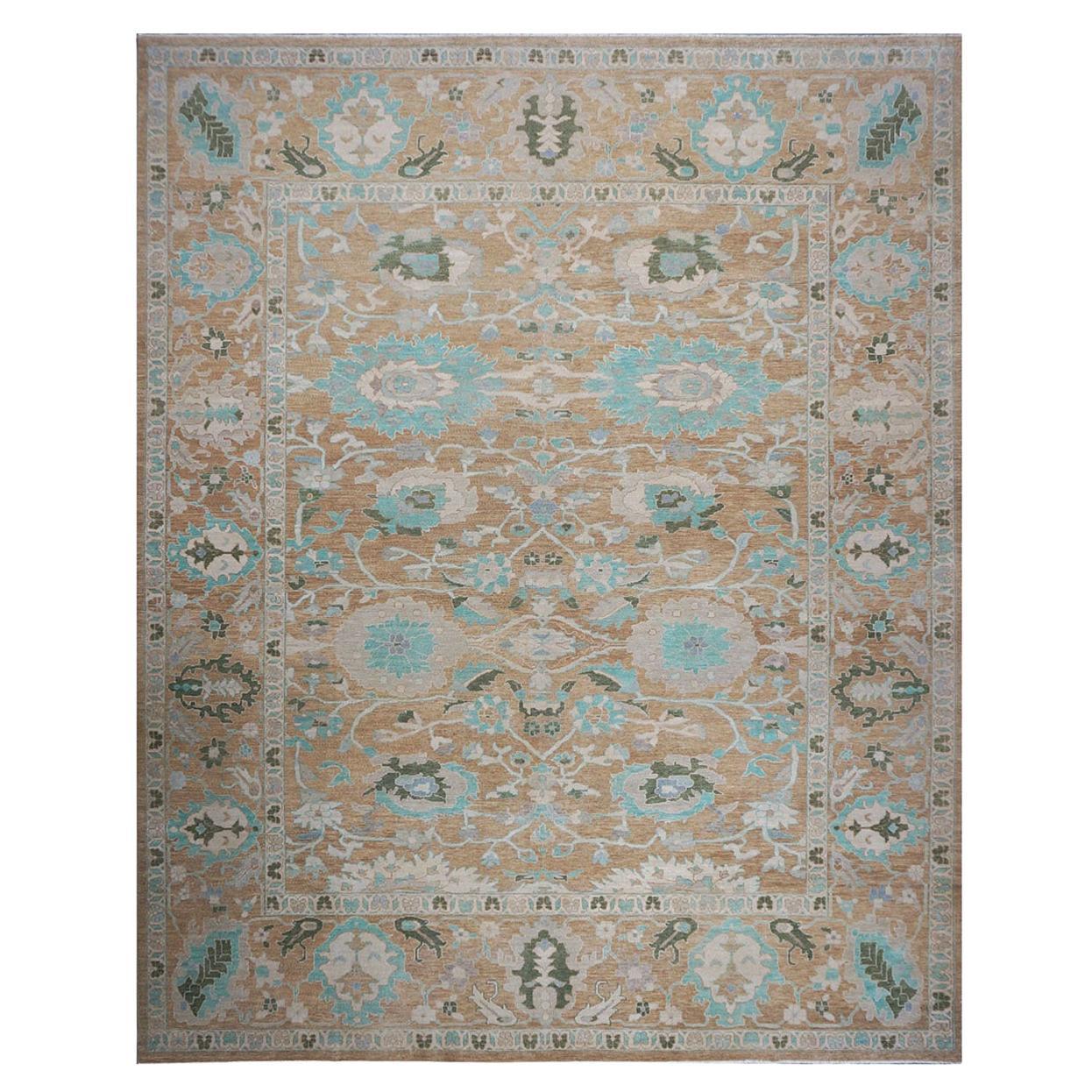 21st Century Sultanabad 12x15 Brown & Turquoise Handmade Area Rug For Sale