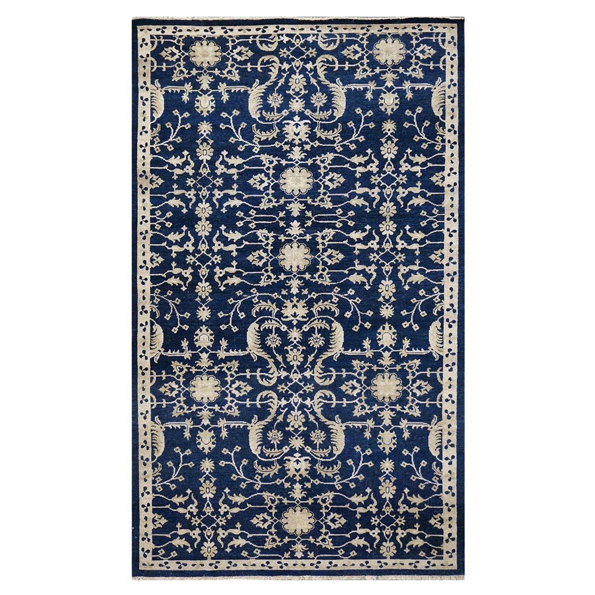 21st Century Sultanabad 6x10 Navy Blue & Ivory Handmade Area Rug For Sale