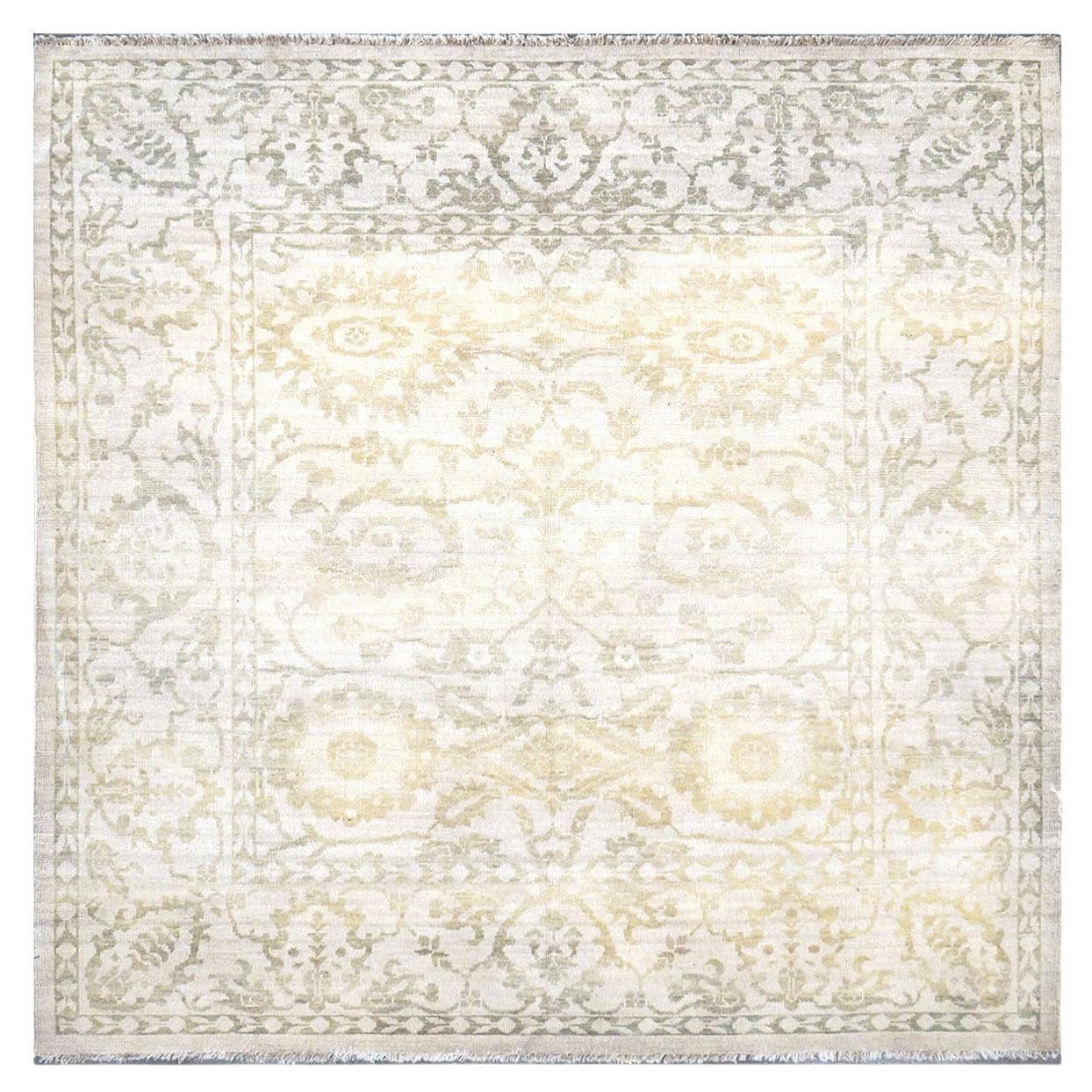 21st Century Persian Sultanabad 6x6 Ivory & Green Square Handmade Area Rug