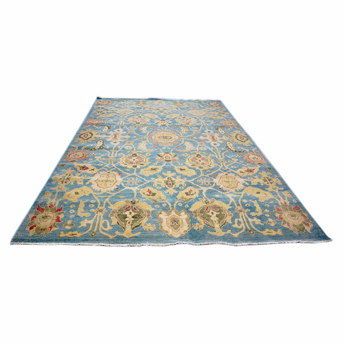 Ashly Fine Rugs presents an antique recreation of an original Afghan Sultanabad 6x9 Blue & Yellow Handmade Area Rug. Part of our own previous production, this antique recreation was thought of and created in-house and 100% handmade in Afghanistan by