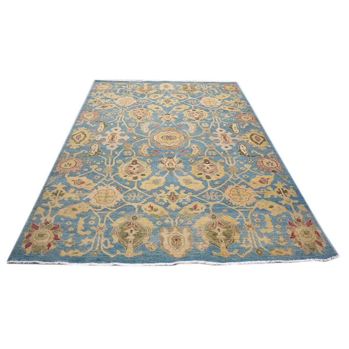 Afghan 21st Century  Sultanabad 6x9 Blue & Yellow Handmade Area Rug For Sale