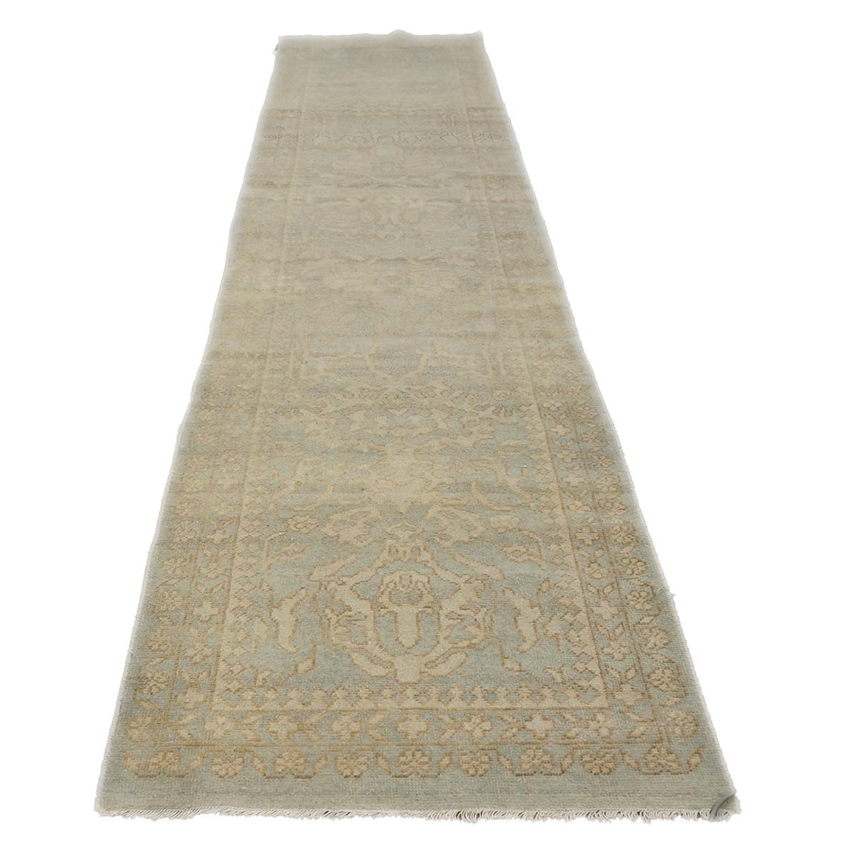 Afghano 21st Century Afghan Sultanabad Wool 3x12 Soft Blue & Ivory Handmade Runner Rug in vendita