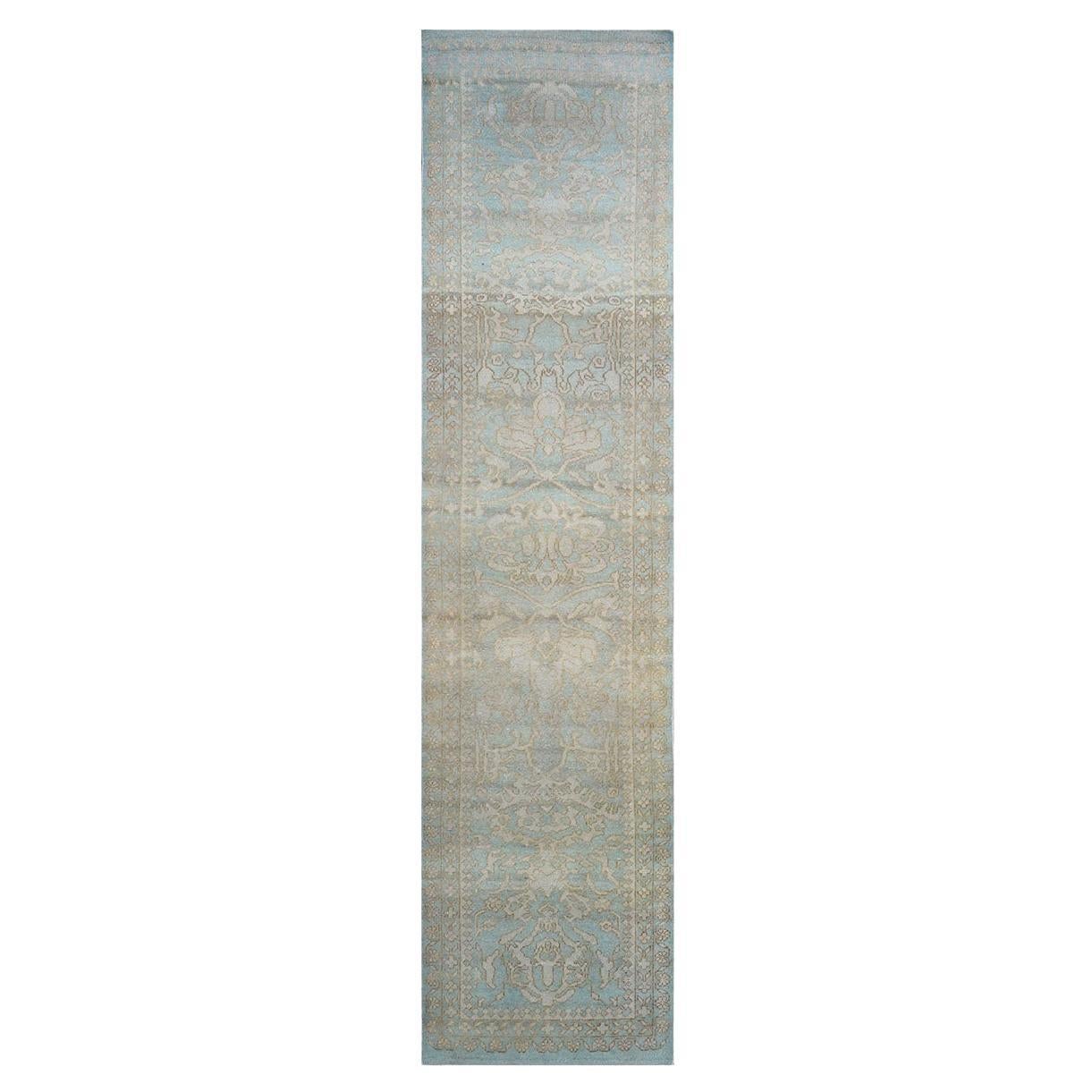 21st Century Afghan Sultanabad Wool 3x12 Soft Blue & Ivory Handmade Runner Rug in vendita