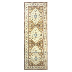21st Century Afghan Sultanabad Wool 5x18 Tan, Blue & Ivory Handmade Gallery Rug