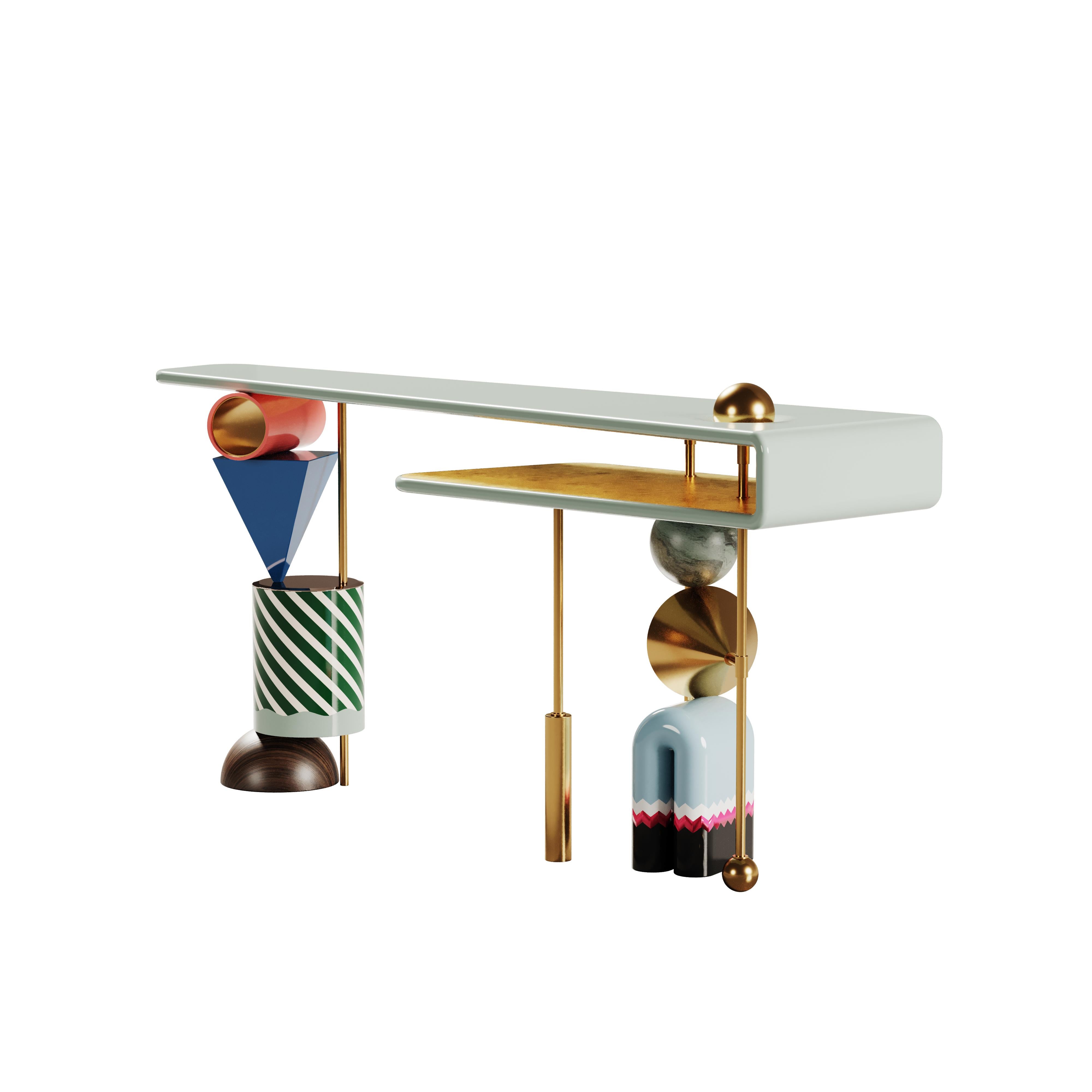 Portuguese 21st Century Ahrt Console Table Lacquered Wood Marble Brass For Sale