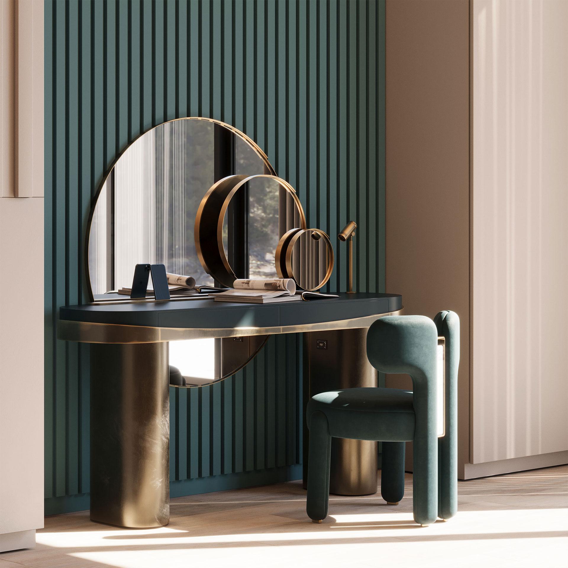 Portuguese 21st Century Aldrich Dressing Table Aged Brushed Brass Lacquered Wood For Sale