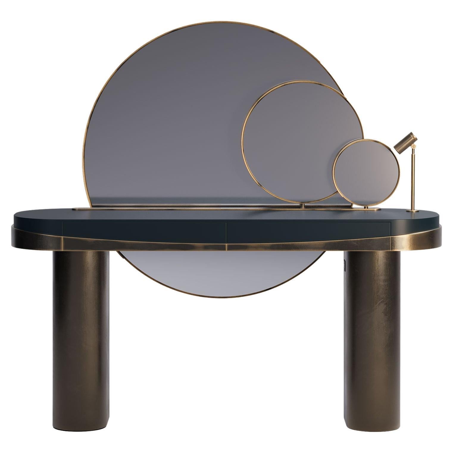 21st Century Aldrich Dressing Table Aged Brushed Brass Lacquered Wood For Sale