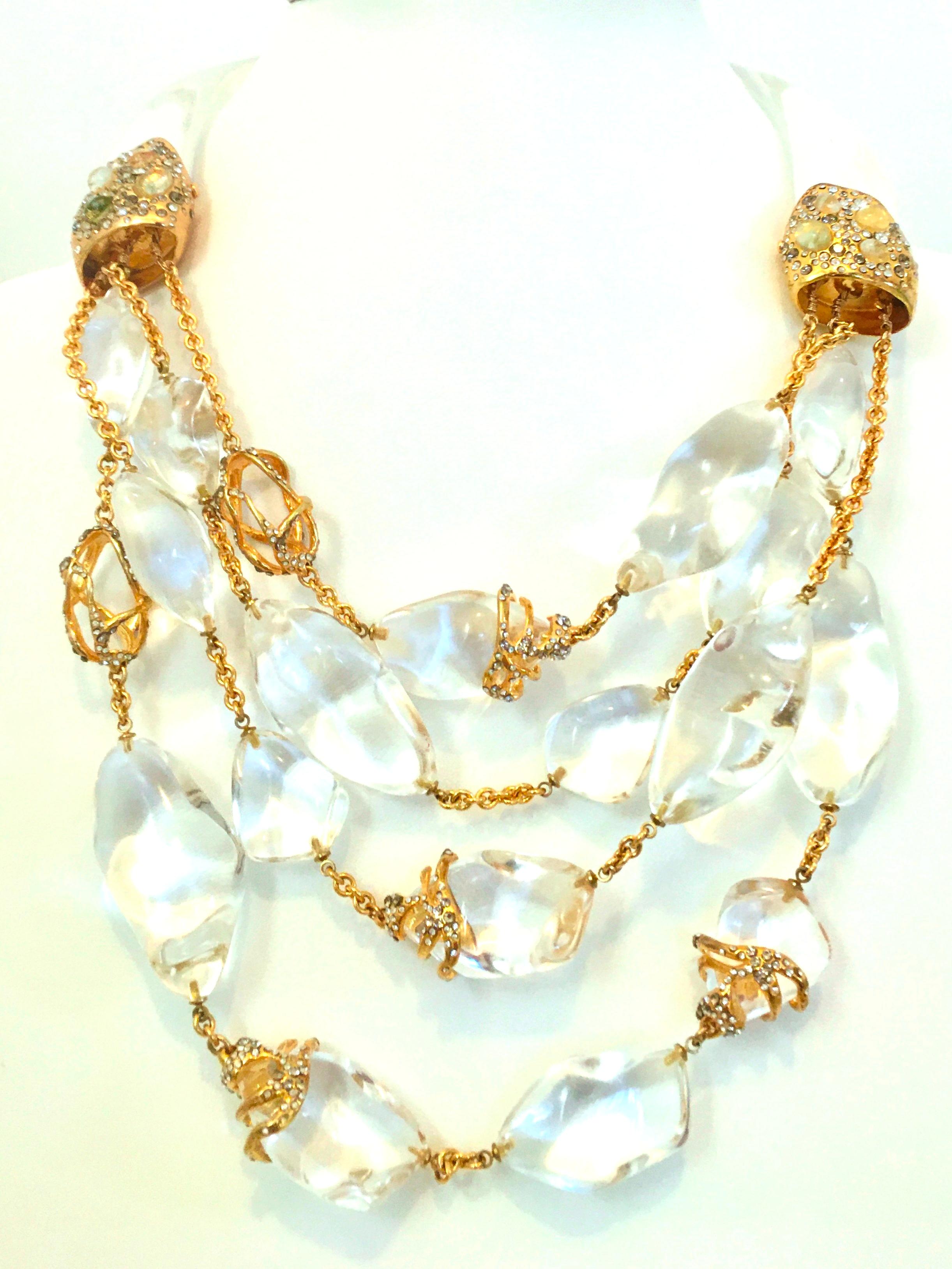 21st Century Alexis Bittar Lucite Jeweled Gold Plate Multi Strand Necklace. This piece of art is monumental, dramatic and most unique. Finely crafted in thick Lucite 