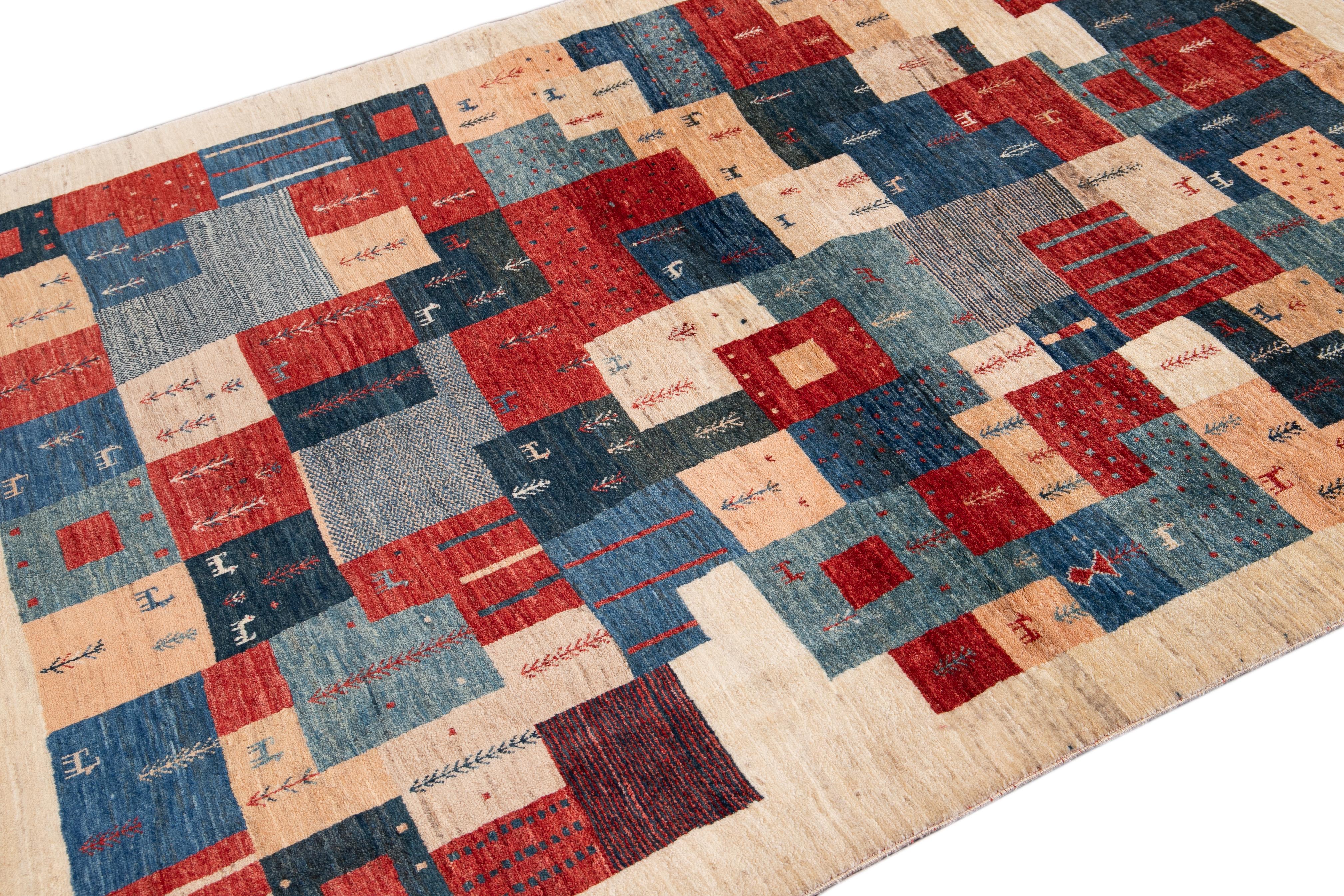 Hand-Knotted 21st Century All-Over Geometric Multicolored Persian Gabbeh Carpet For Sale