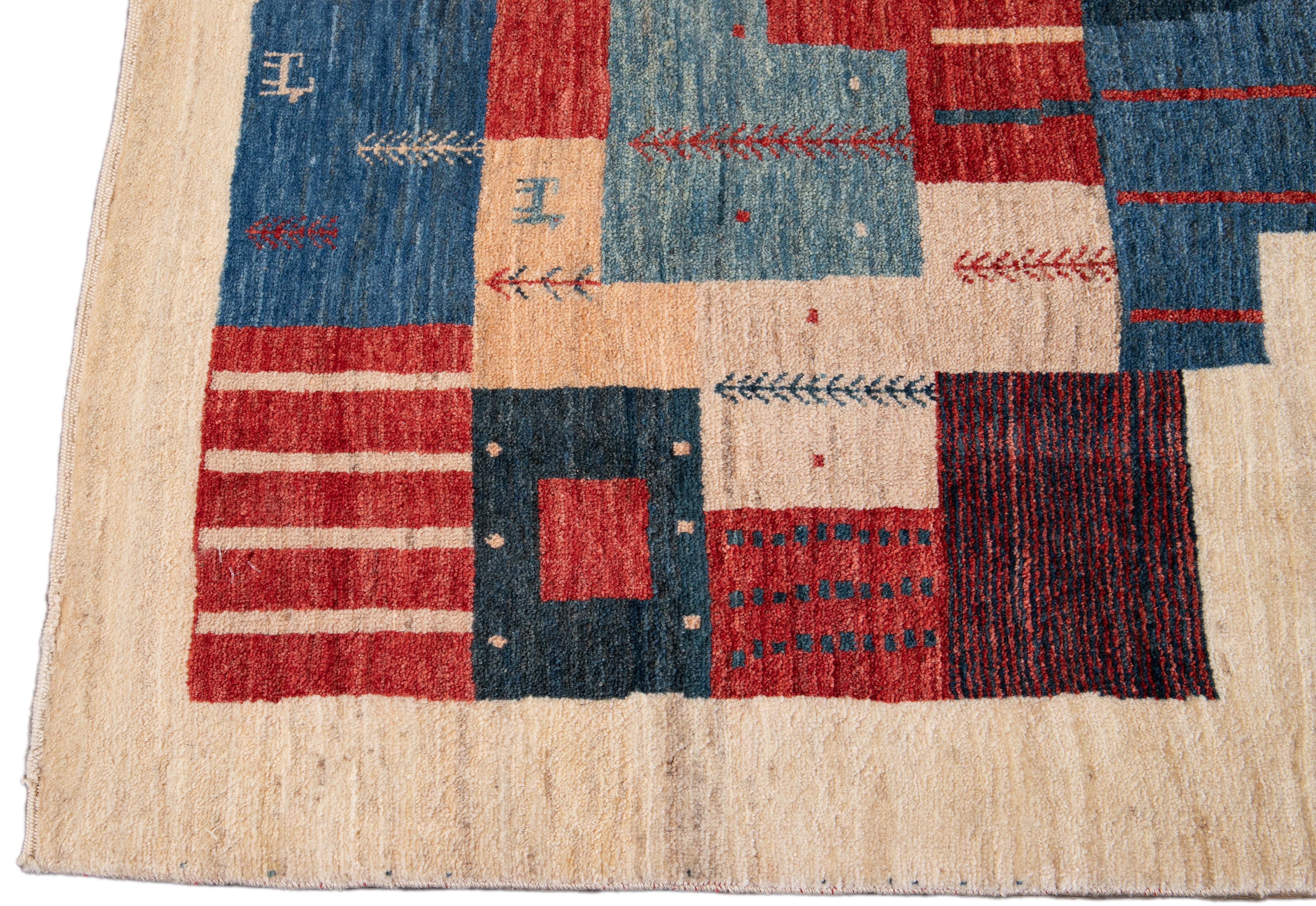 Contemporary 21st Century All-Over Geometric Multicolored Persian Gabbeh Carpet For Sale