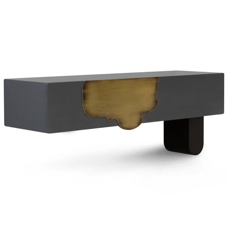 Stainless Steel Alma Console Blue-Grey Black Lacquered Dark Oxidized Brass One Leg Wall Mounted For Sale