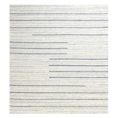 21st Century Alpine Rug Handwoven in Natural Lambswool with Blue Stripes