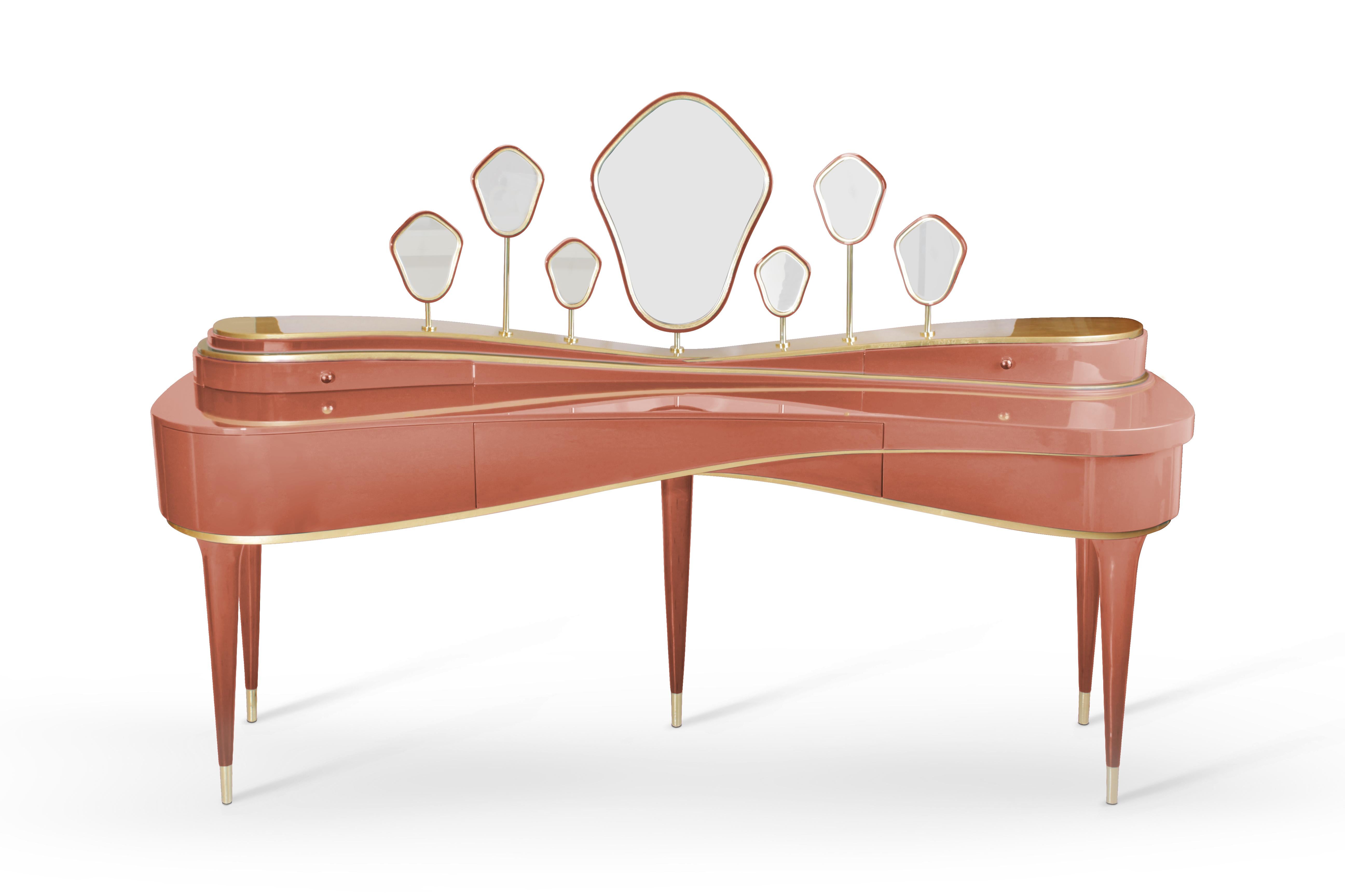 Contemporary 21st Century Amélie Dressing Table Lacquered Wood Gold Leaf Polished Brass For Sale
