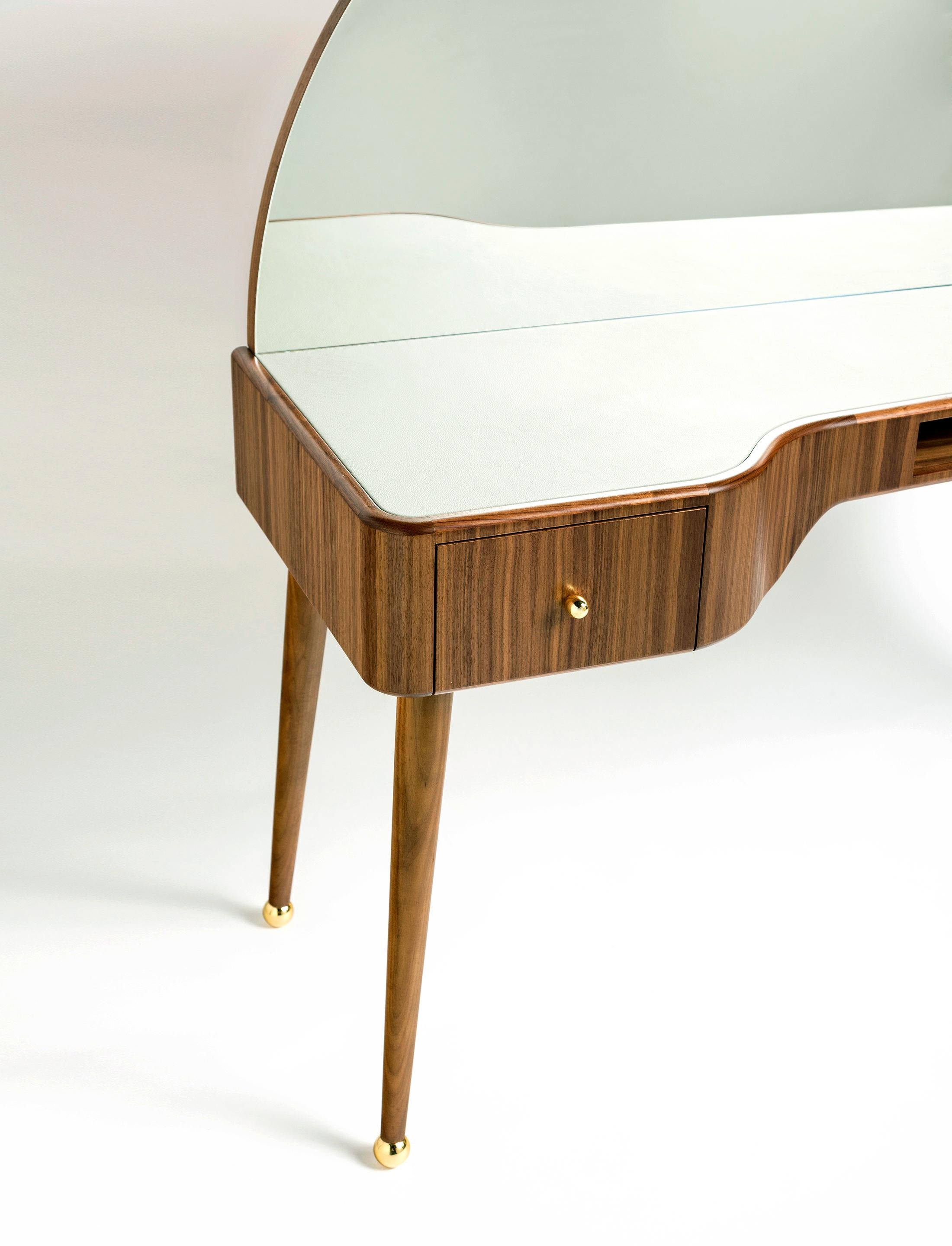Contemporary 21st Century American Walnut Veneer Vanity Desk with Mirror and Carrara Marble For Sale