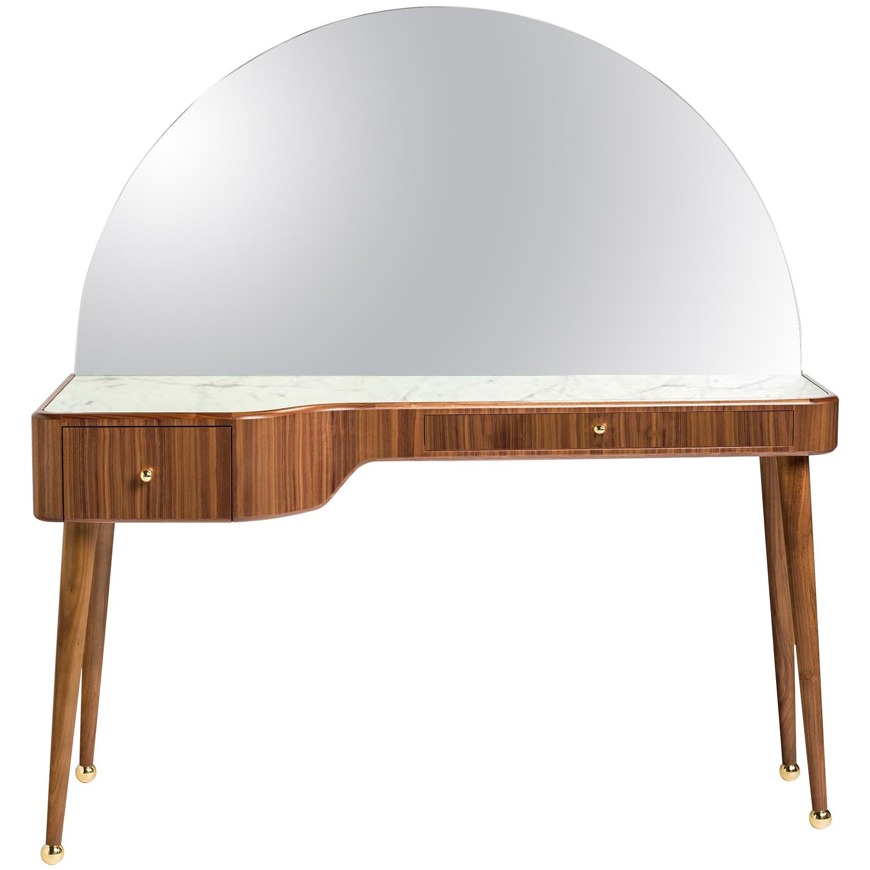 21st Century American Walnut Veneer Vanity Desk with Mirror and Carrara Marble