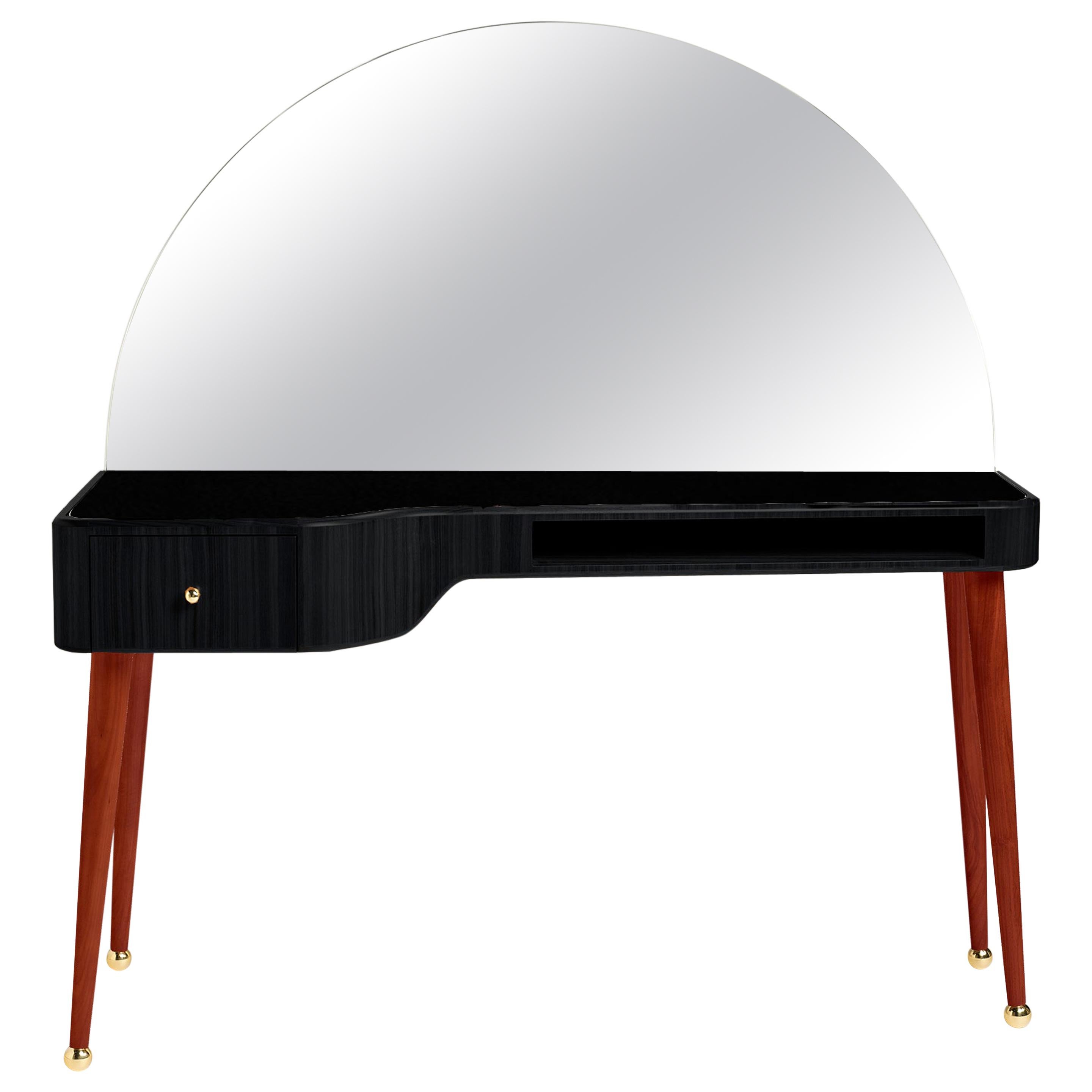 21st Century American Walnut Veneer Vanity Desk with Mirror, Black and Red