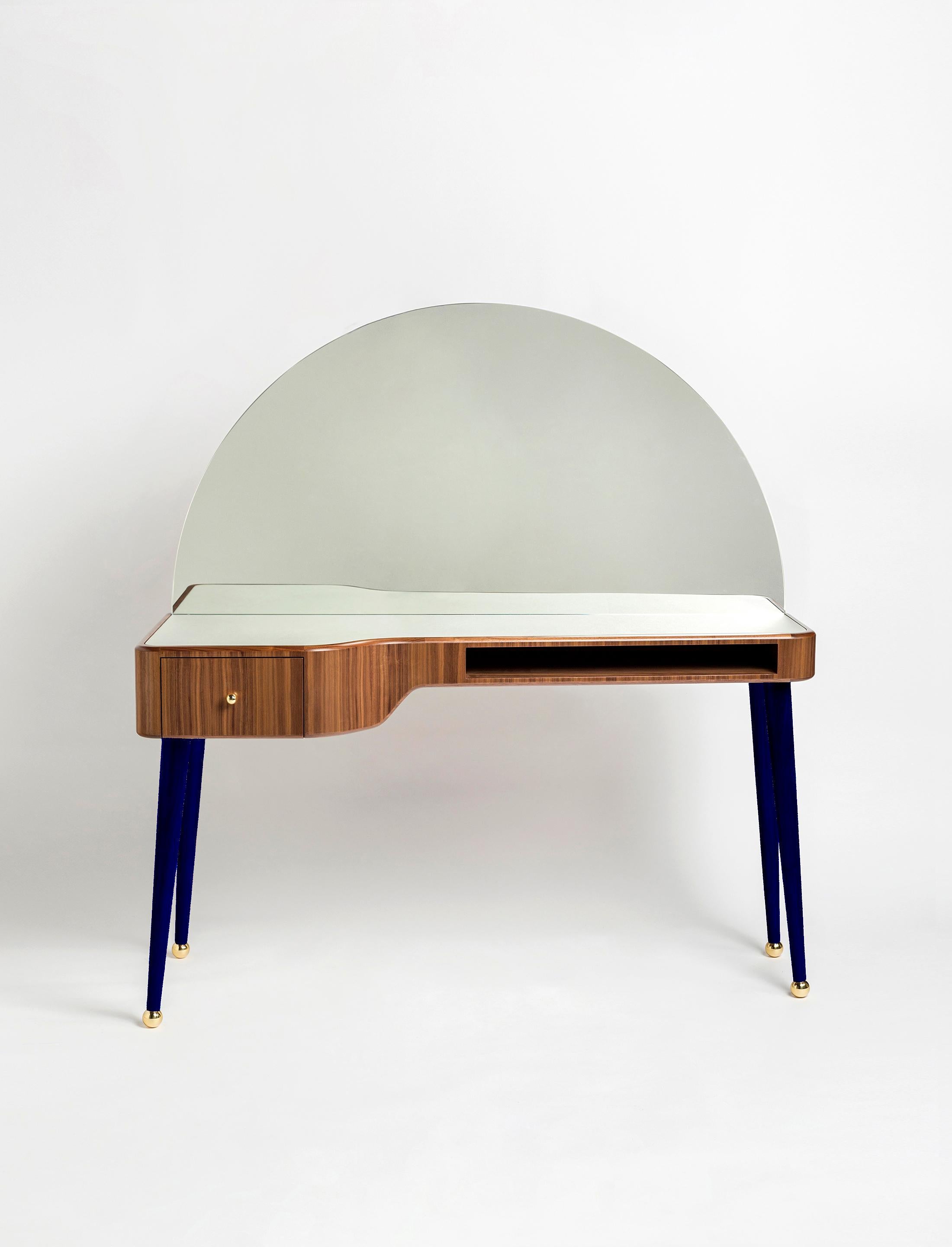 Arts and Crafts 21st Century American Walnut Veneer Vanity Desk with Mirror, Green For Sale