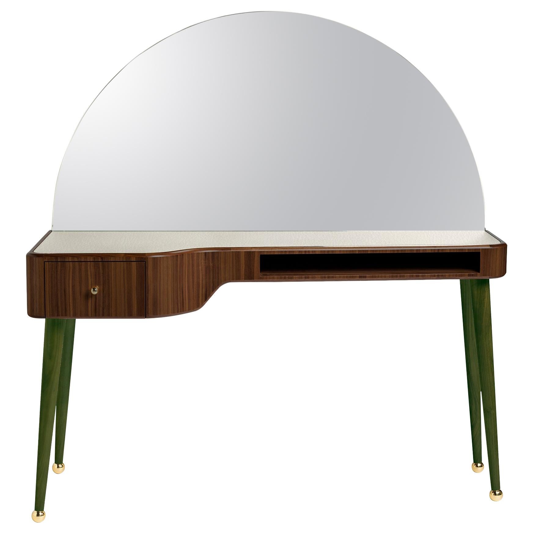 21st Century American Walnut Veneer Vanity Desk with Mirror, Green