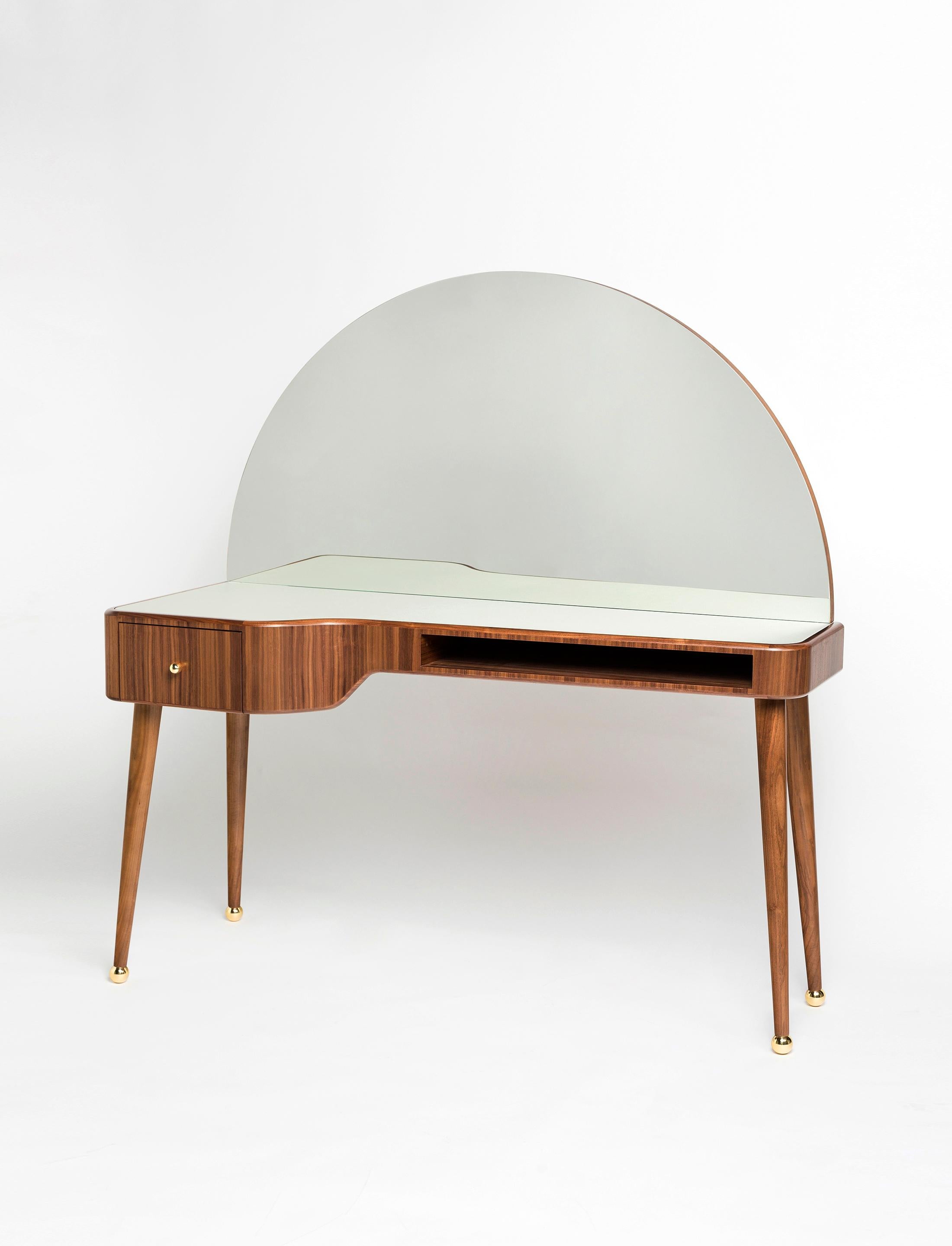 21st Century American Walnut Veneer Vanity Desk with Mirror, Indigo In New Condition For Sale In New York, NY