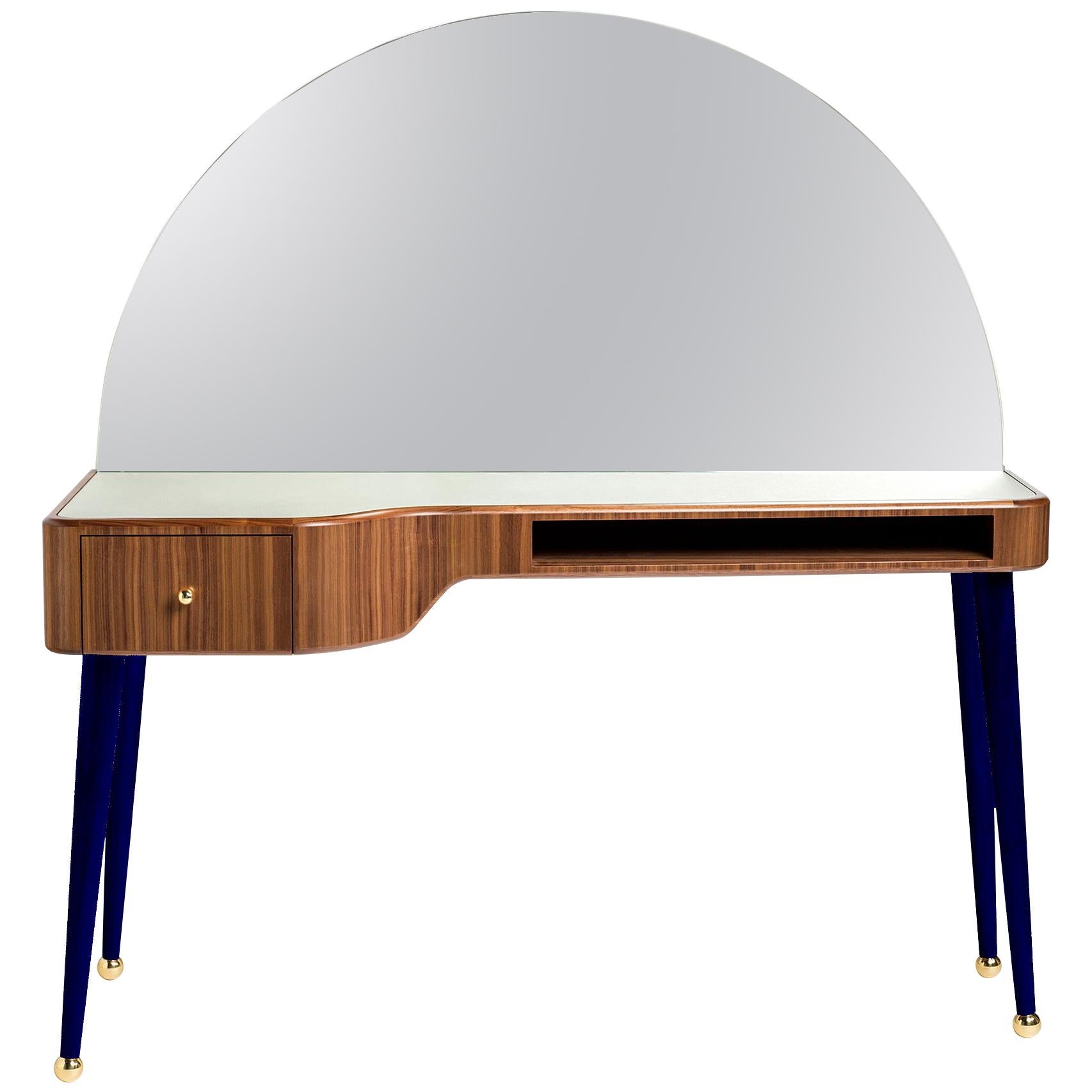 21st Century American Walnut Veneer Vanity Desk with Mirror, Indigo
