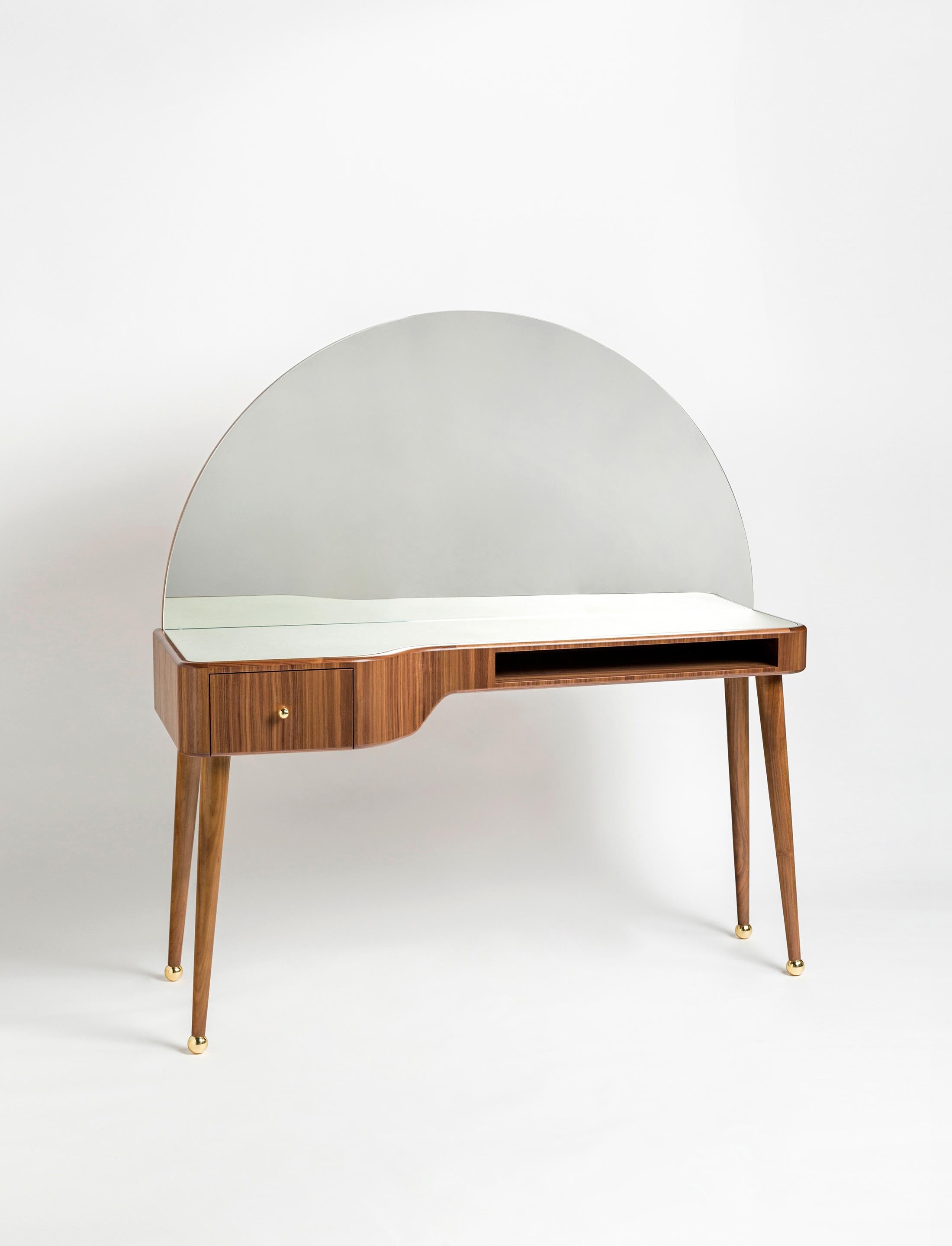 Wood 21st Century American Walnut Veneer Vanity Desk with Mirror, Red & Gray For Sale