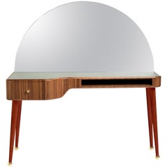 21st Century American Walnut Veneer Vanity Desk with Mirror, Red & Gray