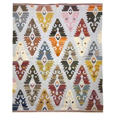 21st Century Anatolian Handwoven Colorful Kilim Carpet Vintage Old Yarn Wool