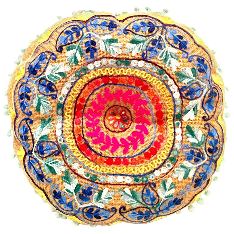 21st Century and New Jute Embroidered Round Pillow by, Karma Living at