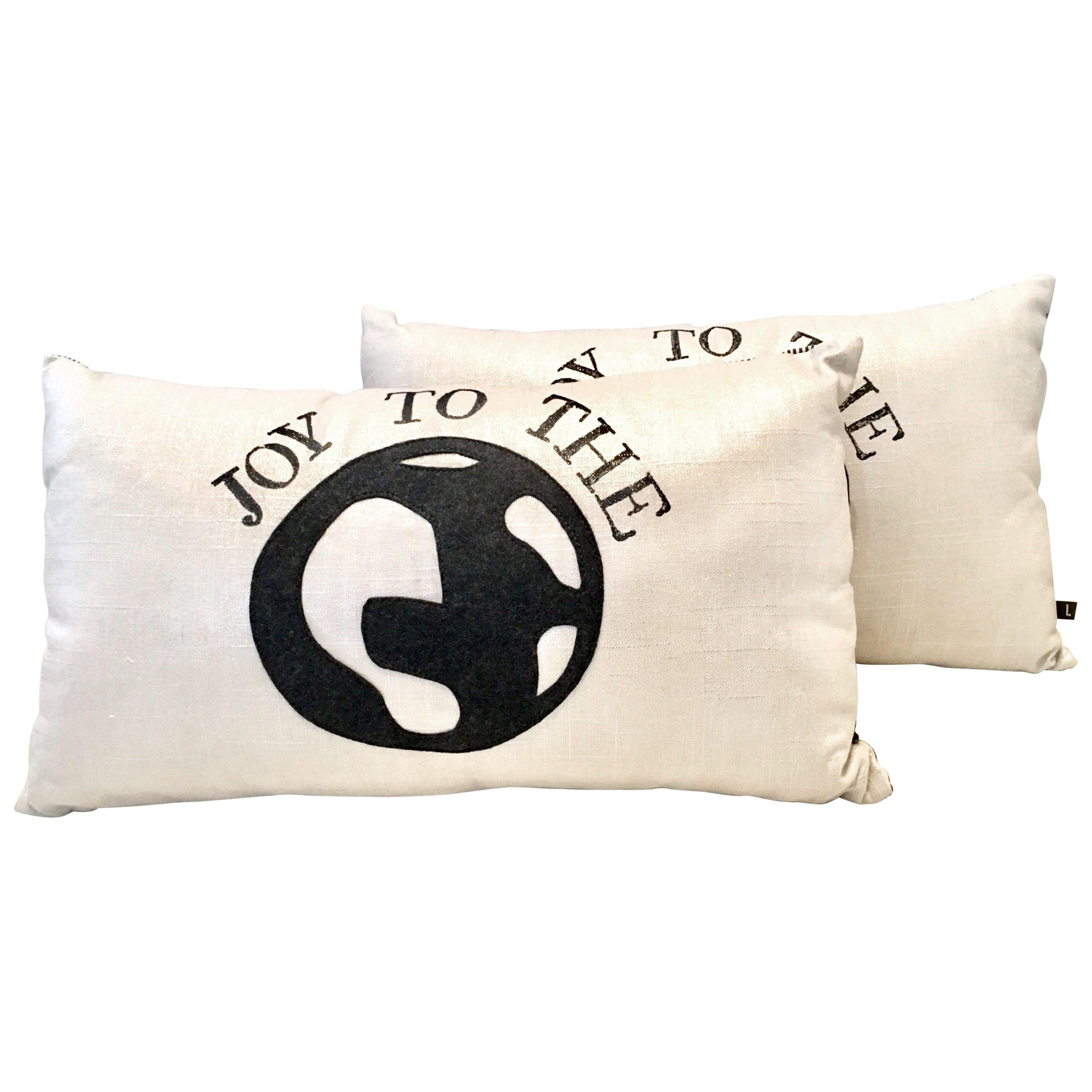 21st Century and New Pair of "Joy To The World" Metallic Coated Pillows Set of 2 For Sale