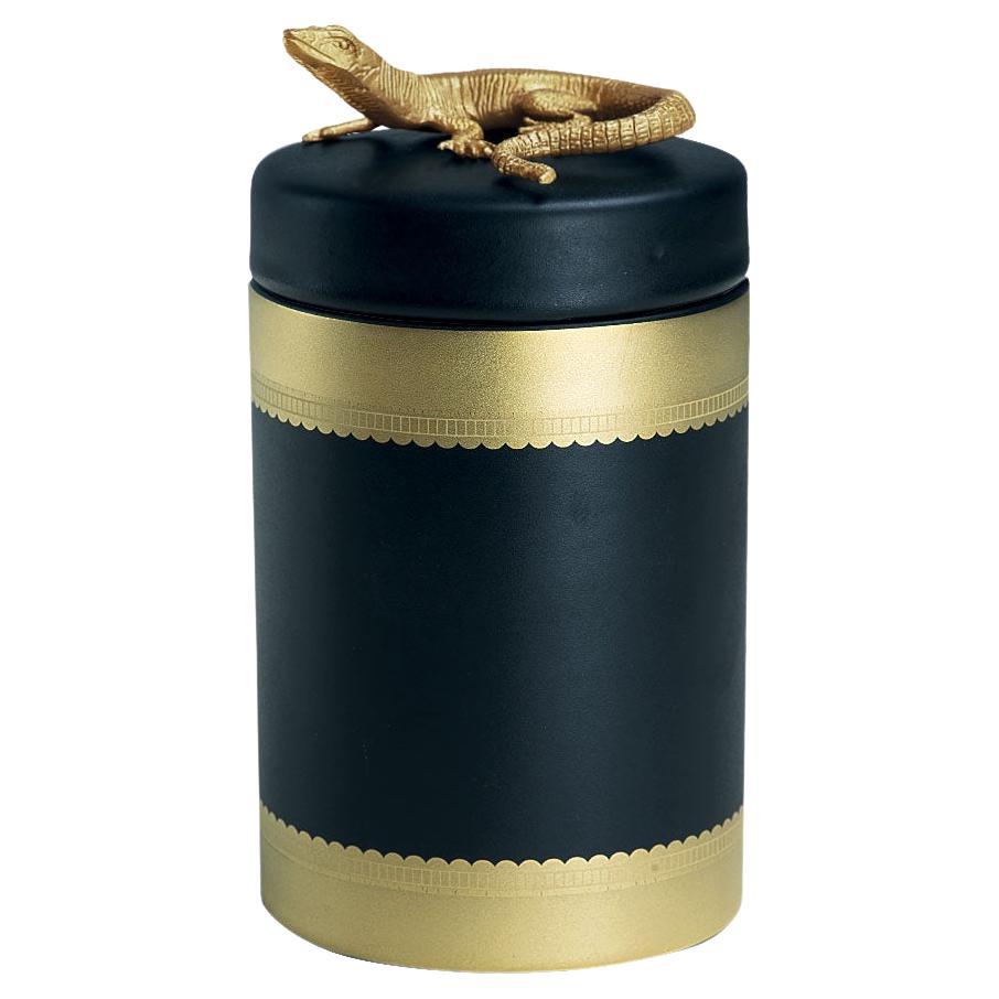 21st Century, Animal Box Collection, Porcelain Box with Golden Bronze Lizard For Sale
