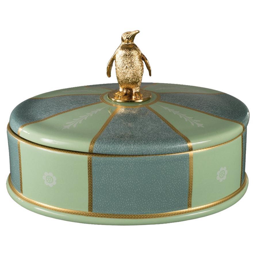 21st Century, Animal Box Collection, Porcelain Box with Golden Bronze Penguin For Sale