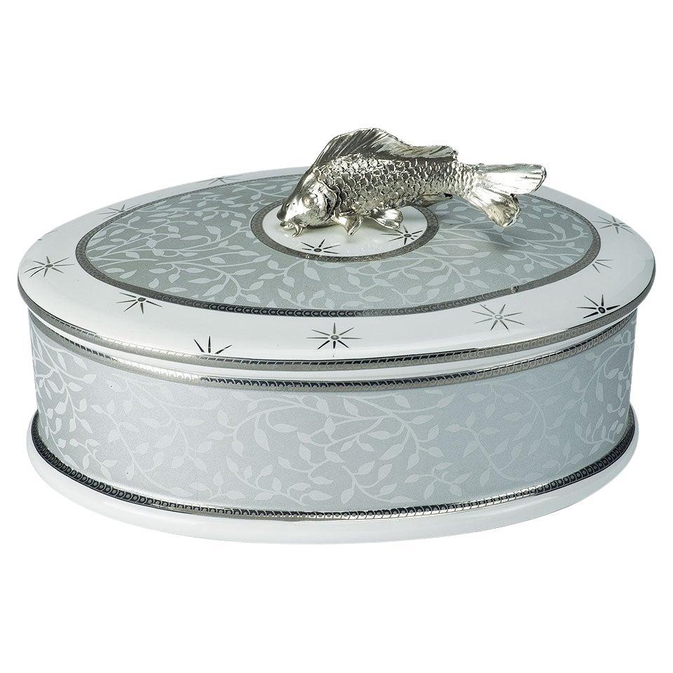 21e siècle, COLLECTION DE BOÎTE AANIMAL - Boîte en porcelaine avec poisson en bronze argenté 