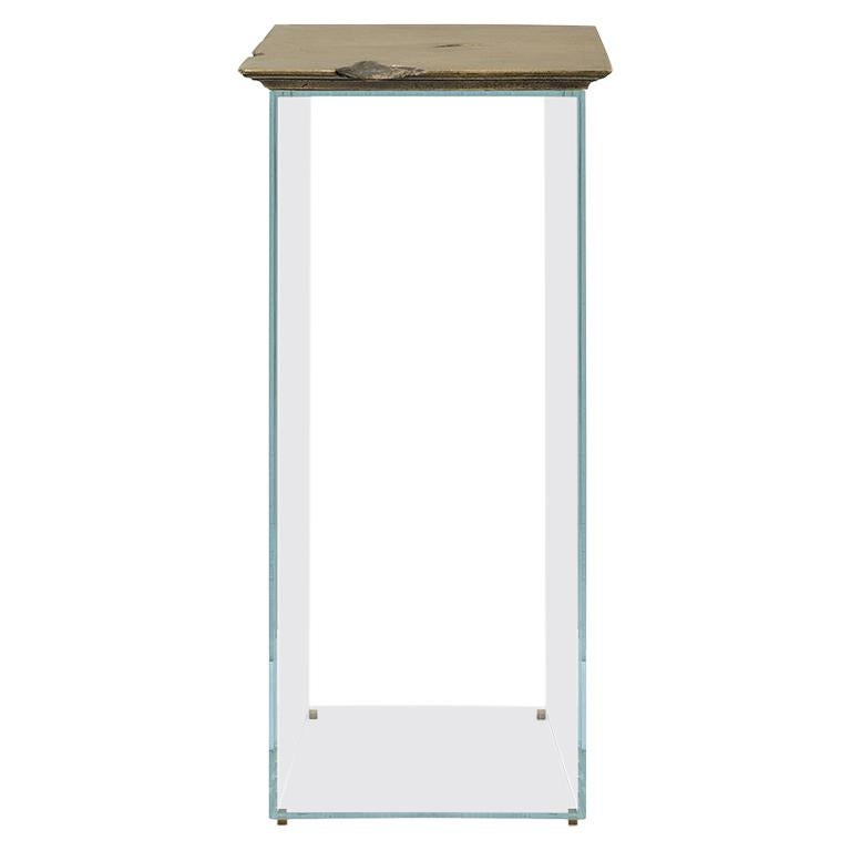 21st Century Antique Pedestal, Brushed Aged Brass and Glass Base