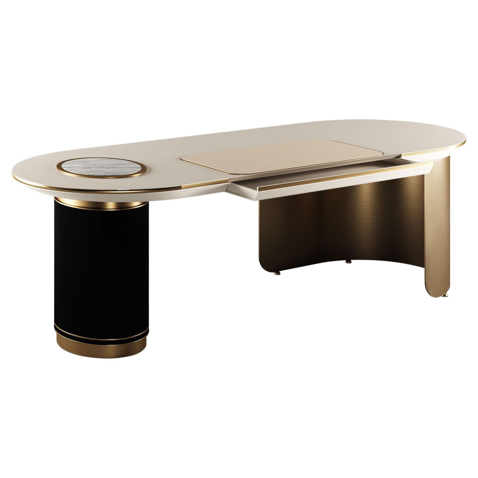 21st Century Arizona Desk Polished Brass Wood Marble For Sale